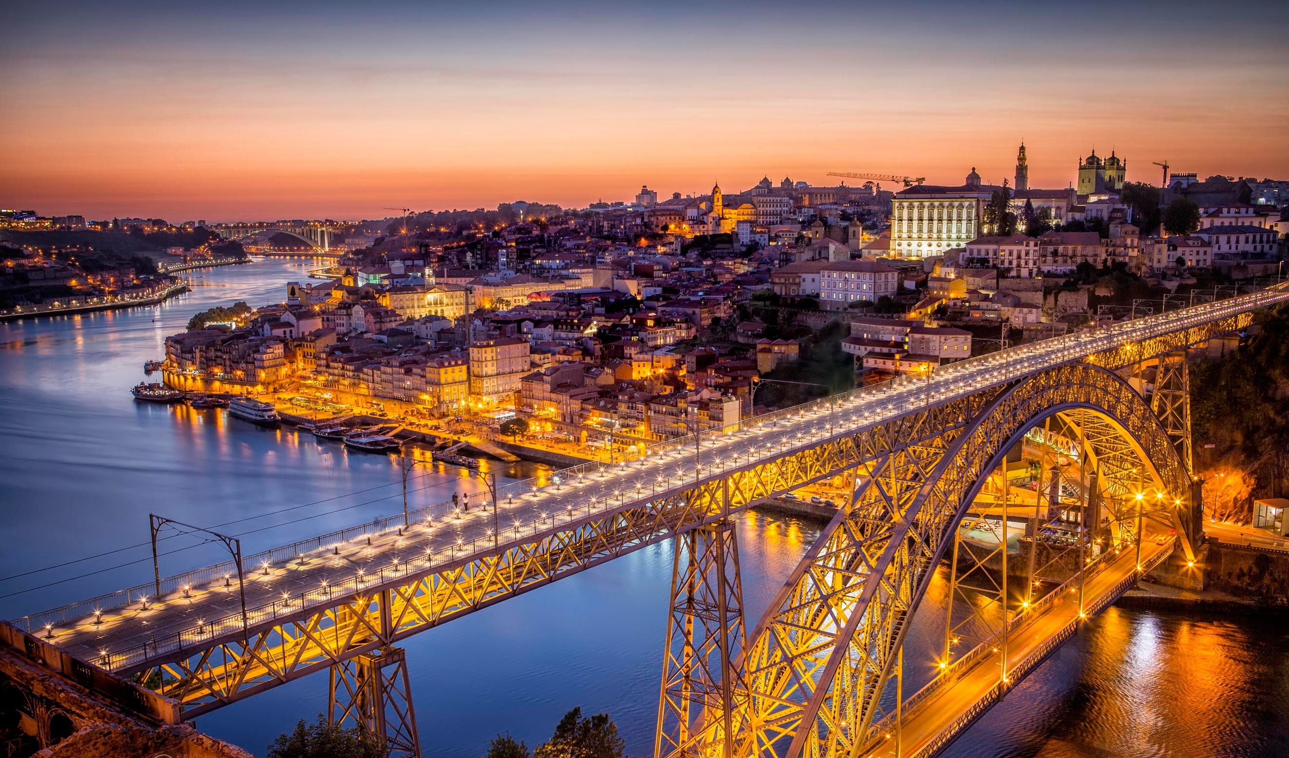 river, Porto, home, bridge, lights, Portugal, panorama, 2K, HD Wallpaper