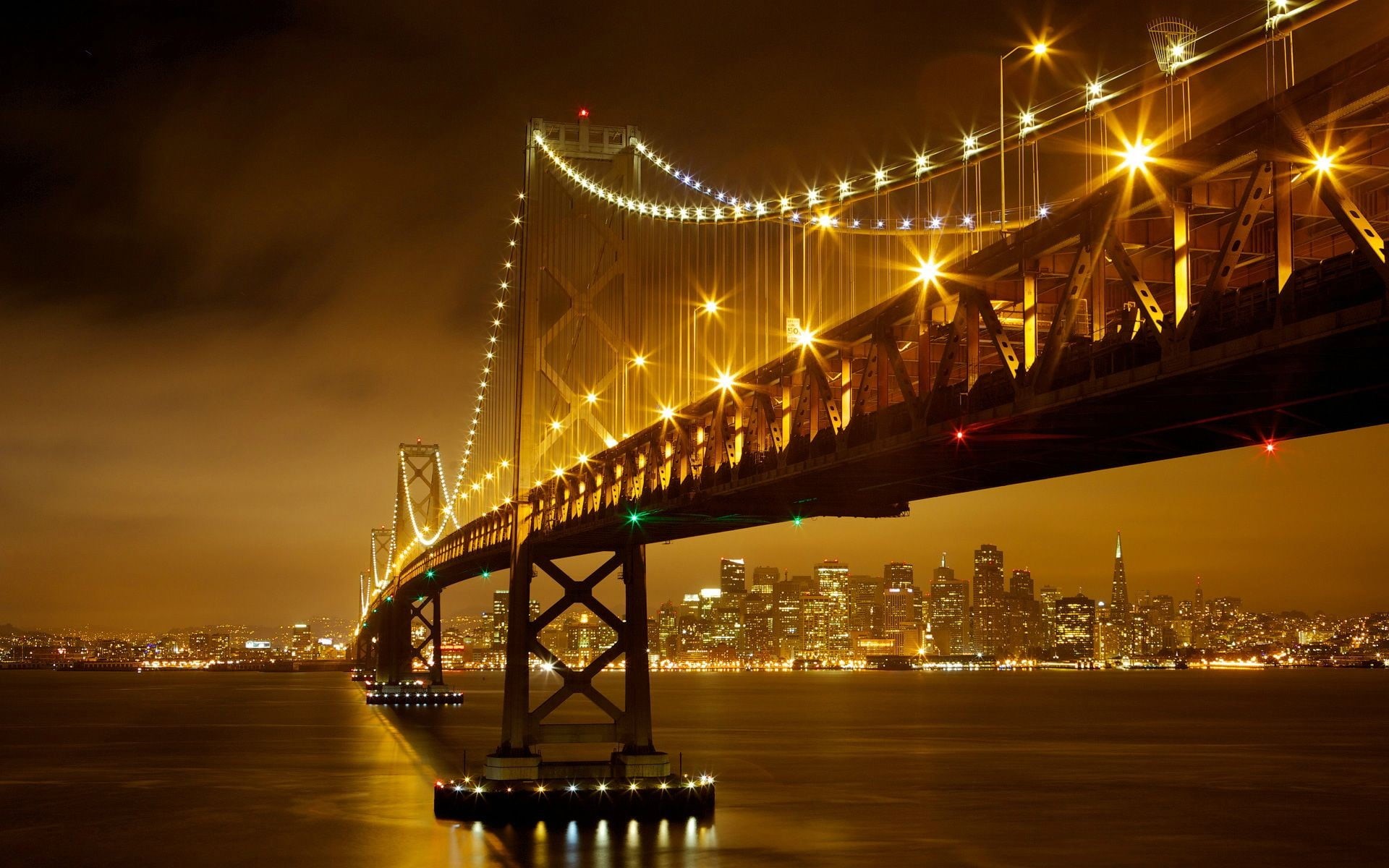 illuminated, connection, architecture, transportation, bridge, suspension, full, light, office building exterior, engineering, bay, cityscape, built structure, HD Wallpaper
