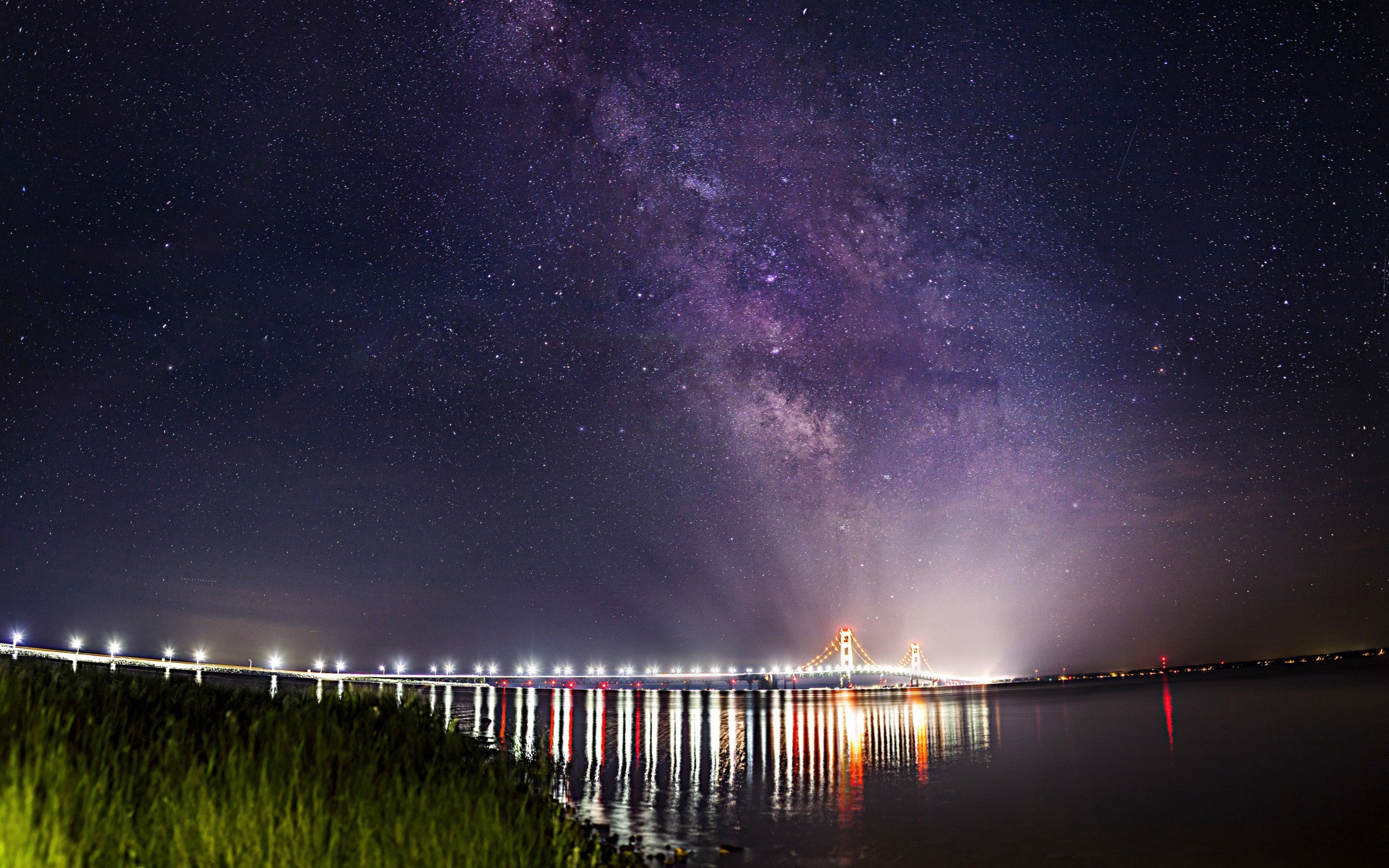 the Milky Way, bridge, Mackinac Bridge, lights, suspension, landscape, 2K, stars, way, Straits of Mackinac, milky, HD Wallpaper