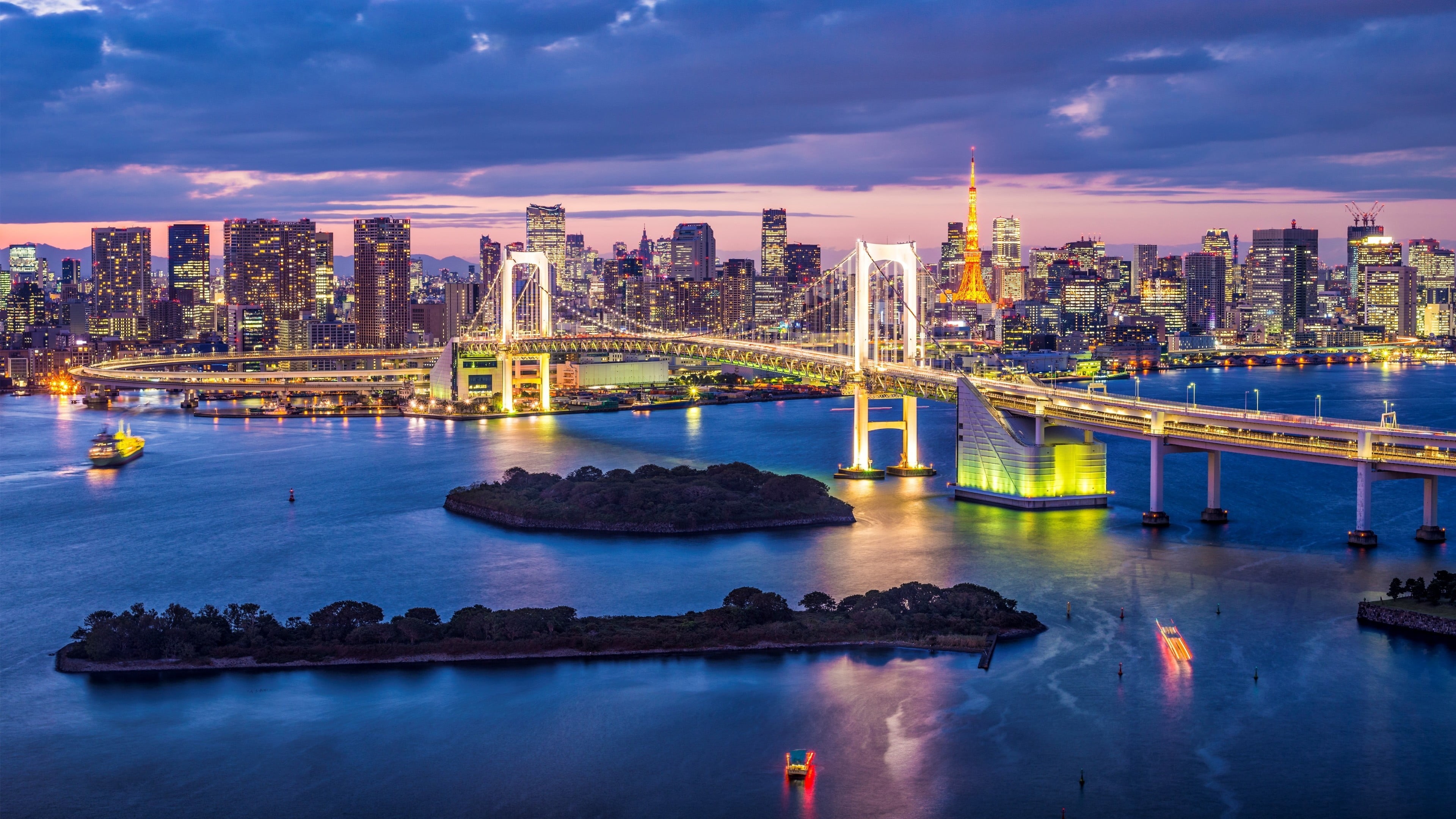 sky, outdoors, landscape, sunset, white, Tokyo, skyscraper, illuminated, Japan, transportation, bridge - man made structure, night, office building exterior, HD Wallpaper