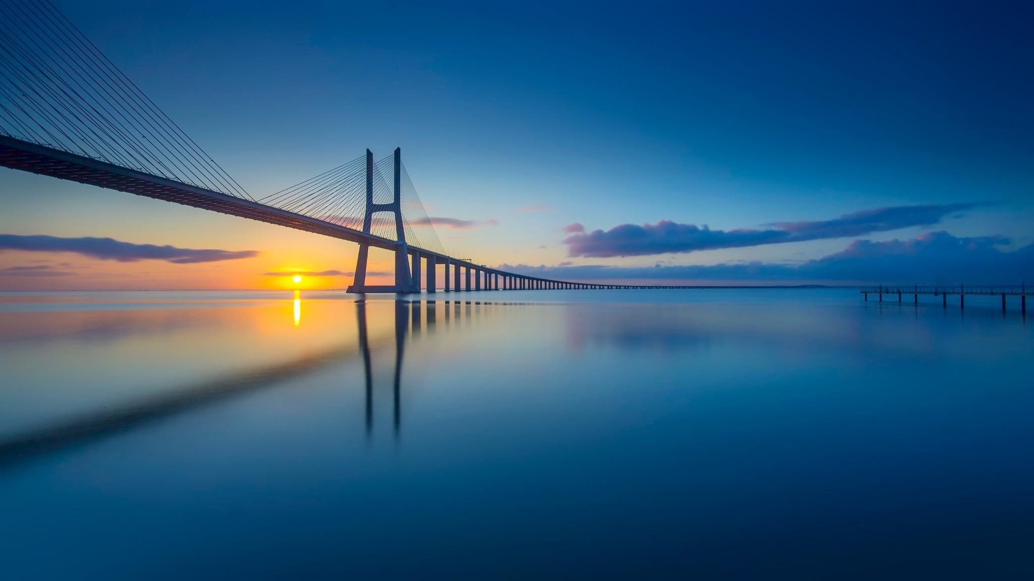 horizon, pier, Sun, architecture, water, clouds, long exposure, 1080P, sea, bridge, calm, HD Wallpaper
