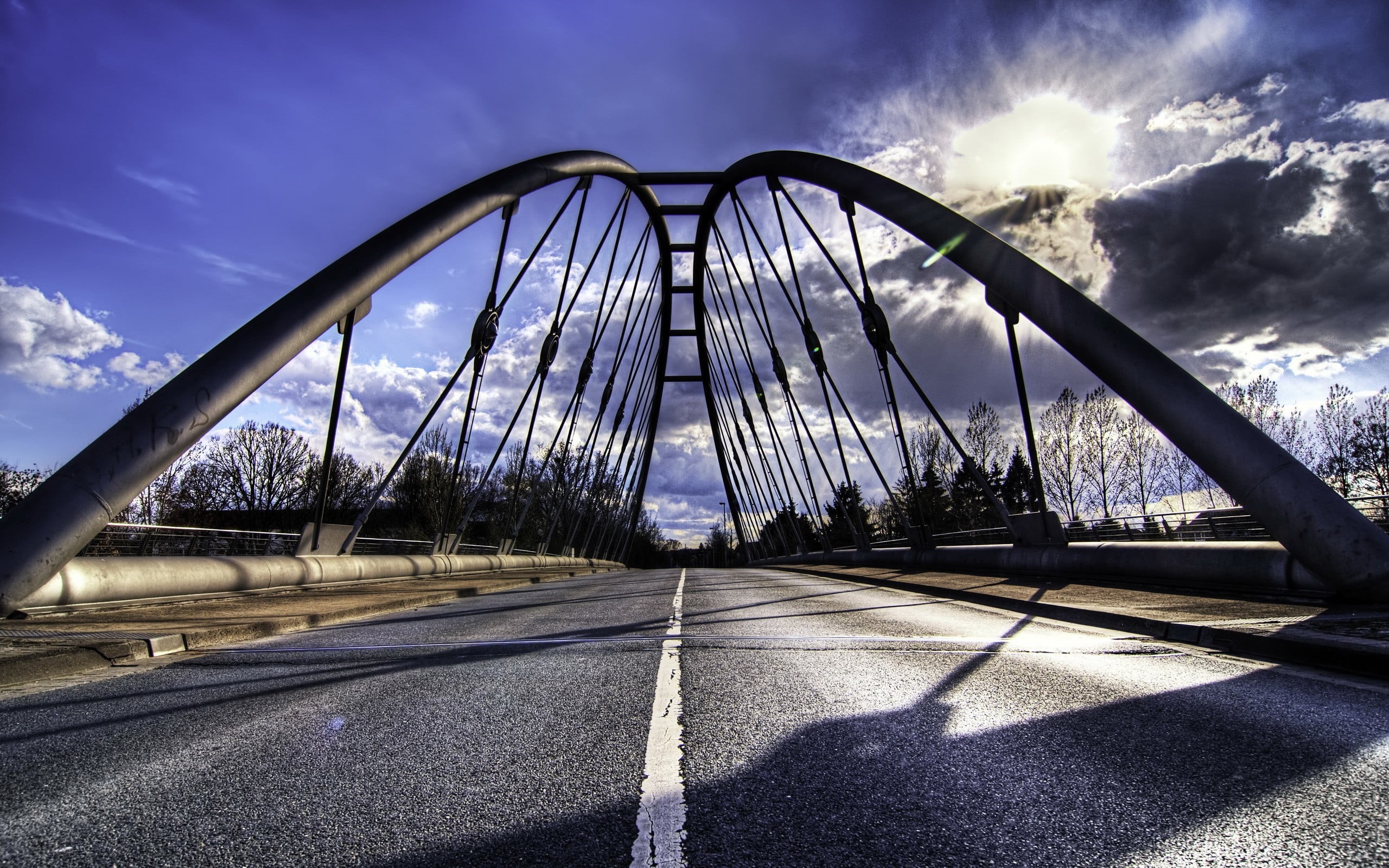 diminishing perspective, long, landscape, cloud - sky, bridge, built structure, connection, nature, road marking, architecture, day, sign, direction, black, HD Wallpaper