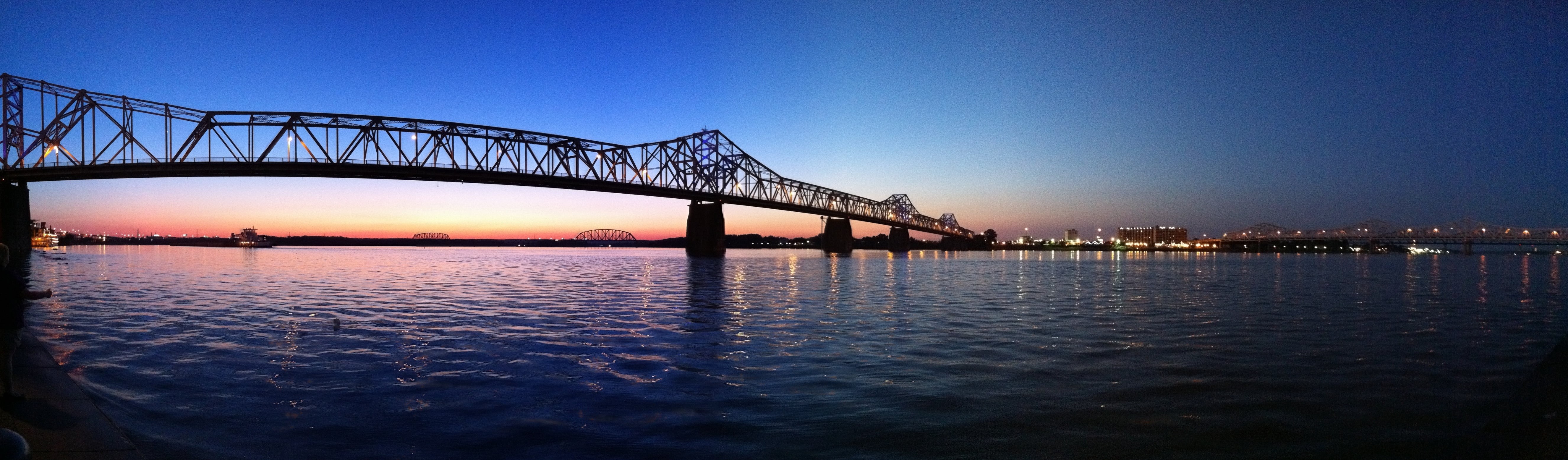 sunrise, famous Place, Bridge, sunset, night, silhouette, Louisville, Waterfront, KY, Water, architecture, uSA, dusk, pano, bridge - Man Made Structure, HD Wallpaper