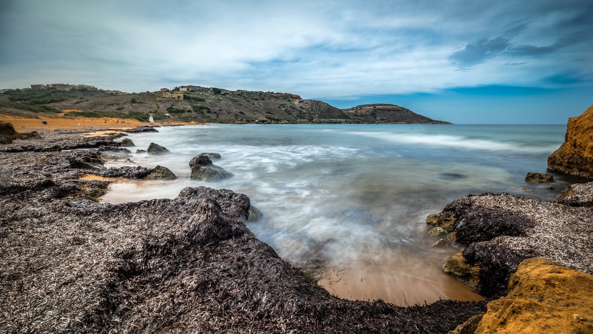 sony a7, long exposure, scenics, rock - Object, fe, ramla, beach, sky, ultra, clouds, motion, travel, seashore, a7, In-Nadur, full frame, photo, cave, daytime, HD Wallpaper