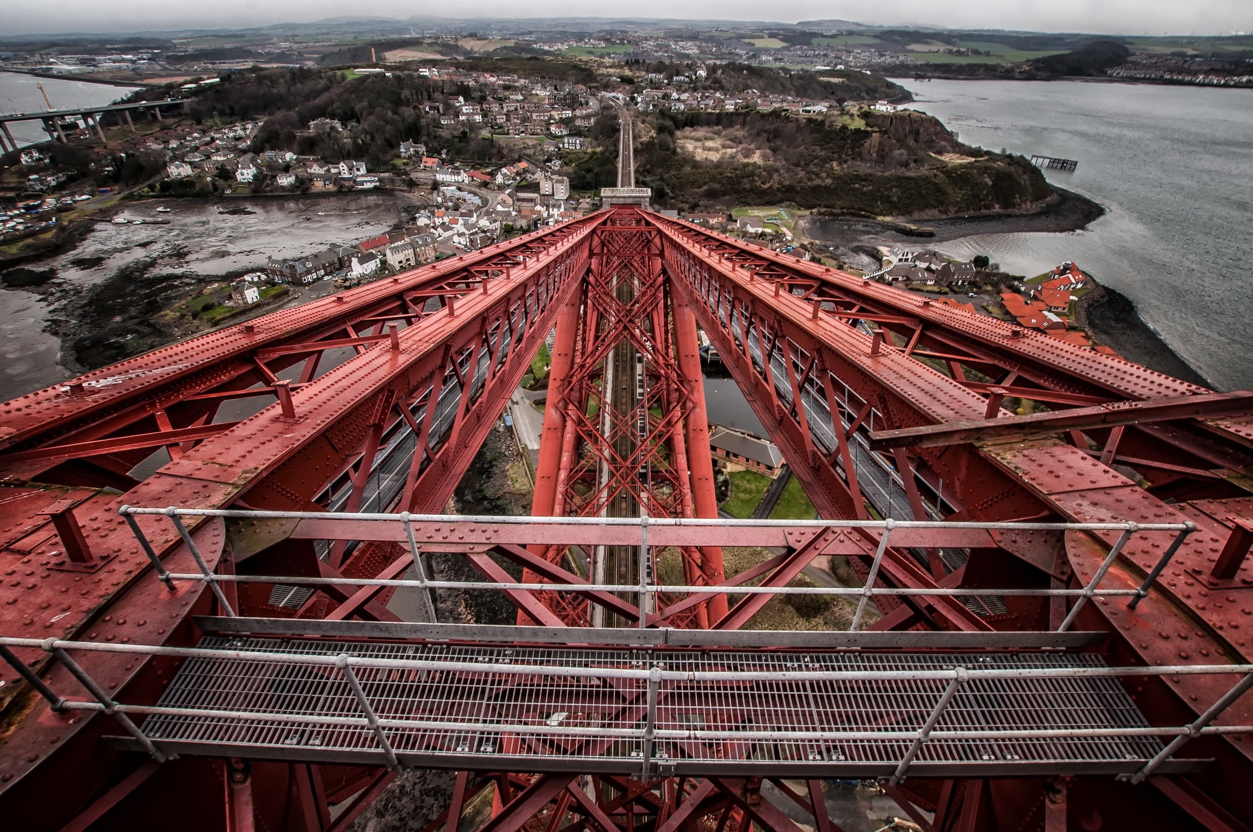 connection, travel, transportation, 2K, outdoors, bridge, red, Forth Bridge, no people, day, metal, nature, road, sky, architecture, travel destinations, HD Wallpaper