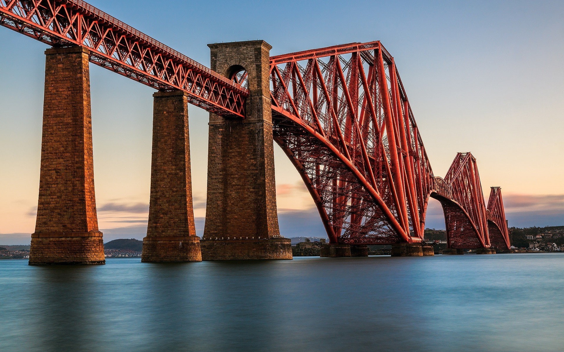 city, sunset, nature, water, bay, architecture, travel destinations, 1080P, architecture water sea forth bridge scotland edinburgh bridge uk long exposure, HD Wallpaper