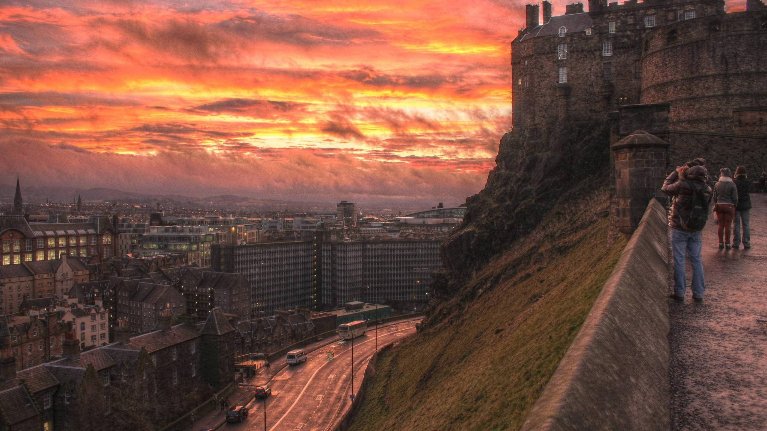 men, nature, built structure, sky, lifestyles, concrete, travel destinations, sunset, real people, castle, building, people, 2K, city, Scotland, history, HD Wallpaper