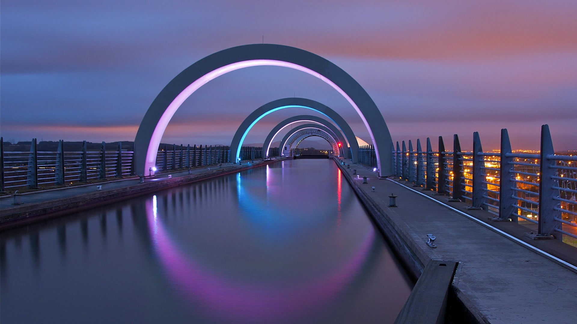 built structure, wheels, architecture, building exterior, arch, cloud - sky, railing, reflection, office building exterior, connection, evening, HD Wallpaper