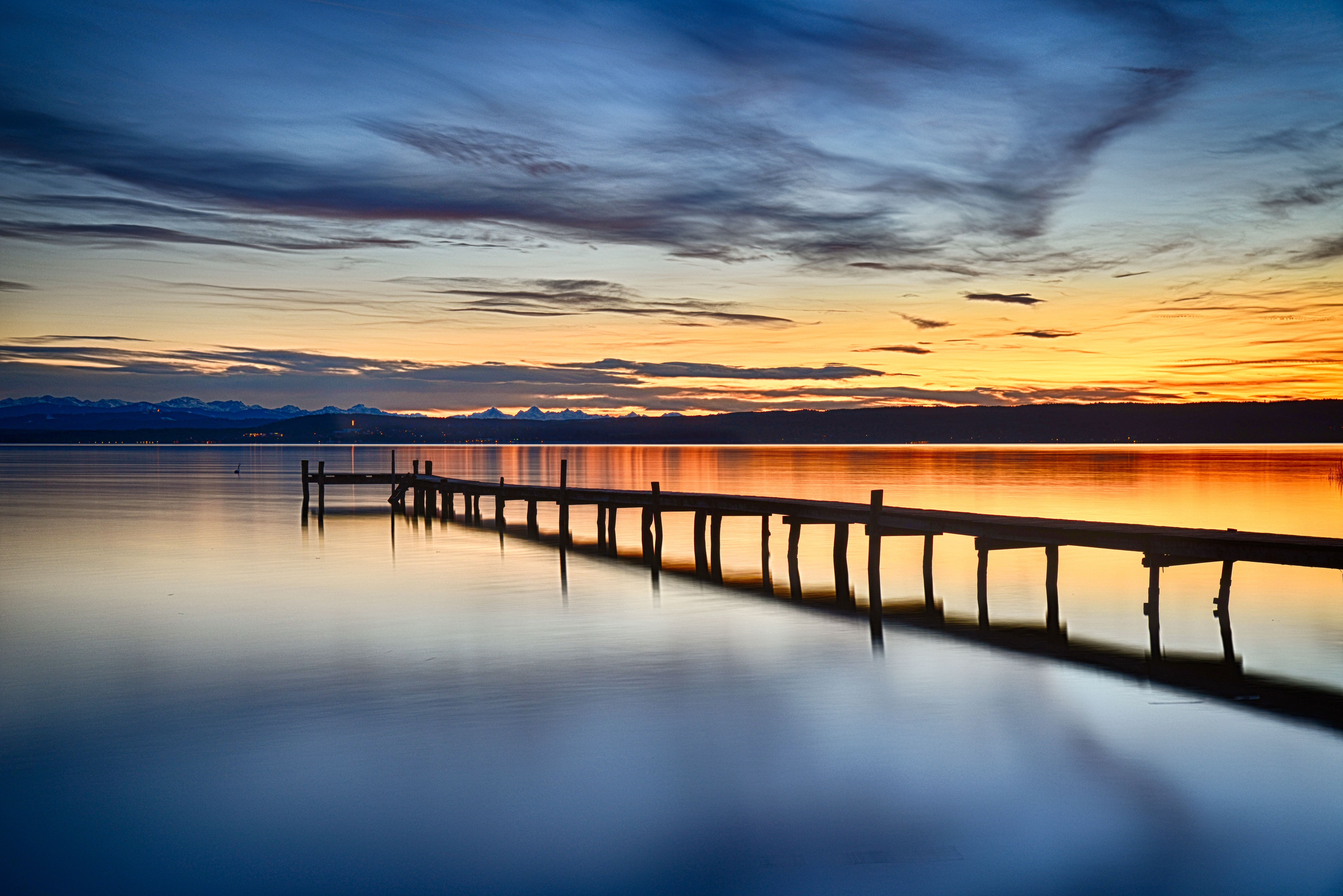 pier, tranquil Scene, sky  lake, frozen, reflection, Himmel, water, sea, 5K, silhouette, Germany, longexposure, calm, lee, Heimat, golden, sunrise - Dawn, HD Wallpaper