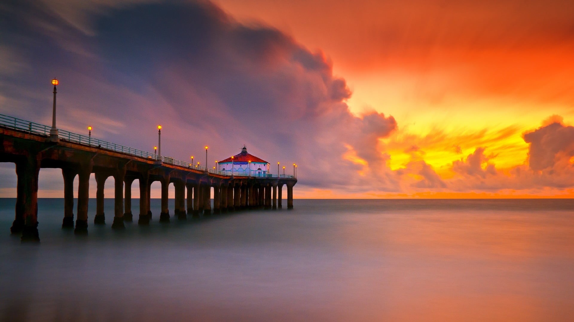 travel destinations, beauty in nature, connection, outdoors, travel, horizon, usa, nature, tranquility, sky, orange sunset, ocean, dock, california, 1080P, HD Wallpaper