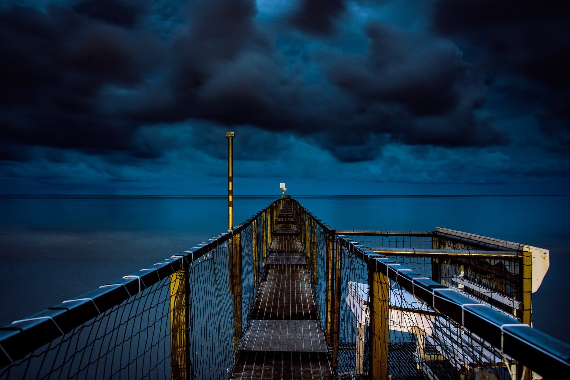 jetty, river, night, fence, storm, building exterior, black, outdoors, lake, connection, summer, overcast, built structure, horizon, harbor, sky, 1080P, HD Wallpaper