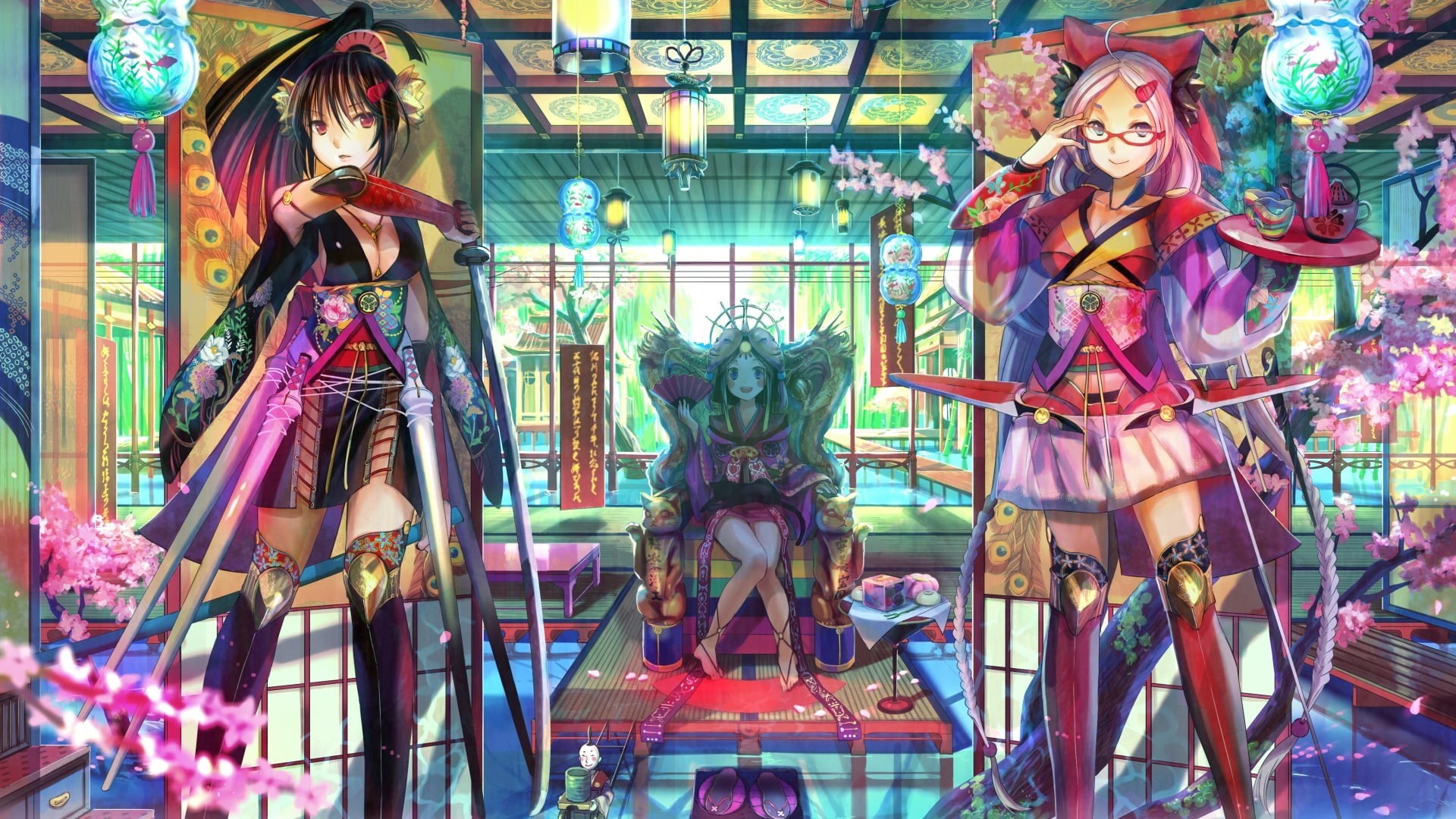 1080P, anime, katana, carnival, amusement park ride, Japanese clothes, indoors, carousel, illuminated, weapon, arts culture and entertainment, palace, HD Wallpaper