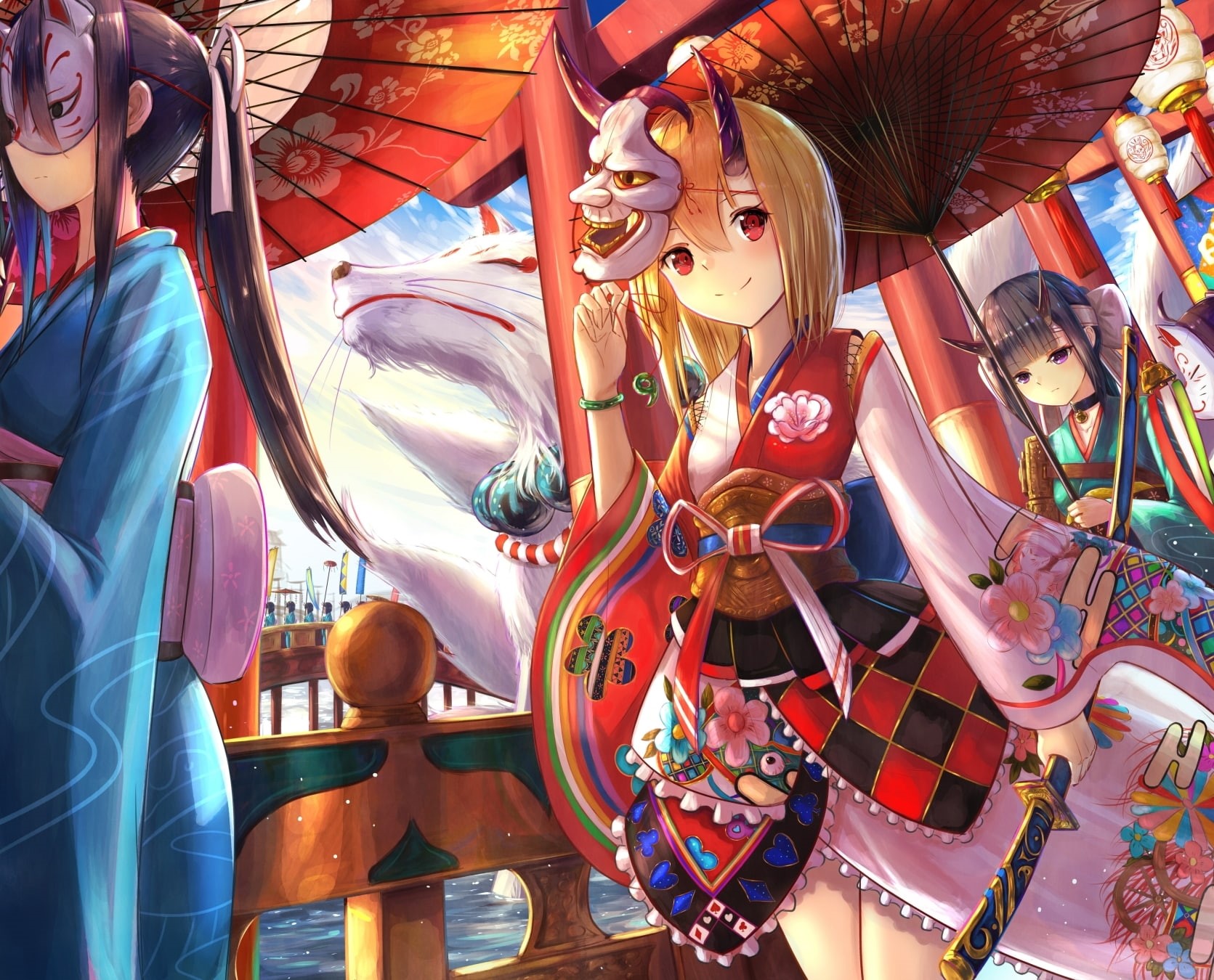 amusement park ride, 720P, masks, retail, anime girls, demons, representation, variation, toy, choice, day, kimono, arts culture and entertainment, for sale, HD Wallpaper