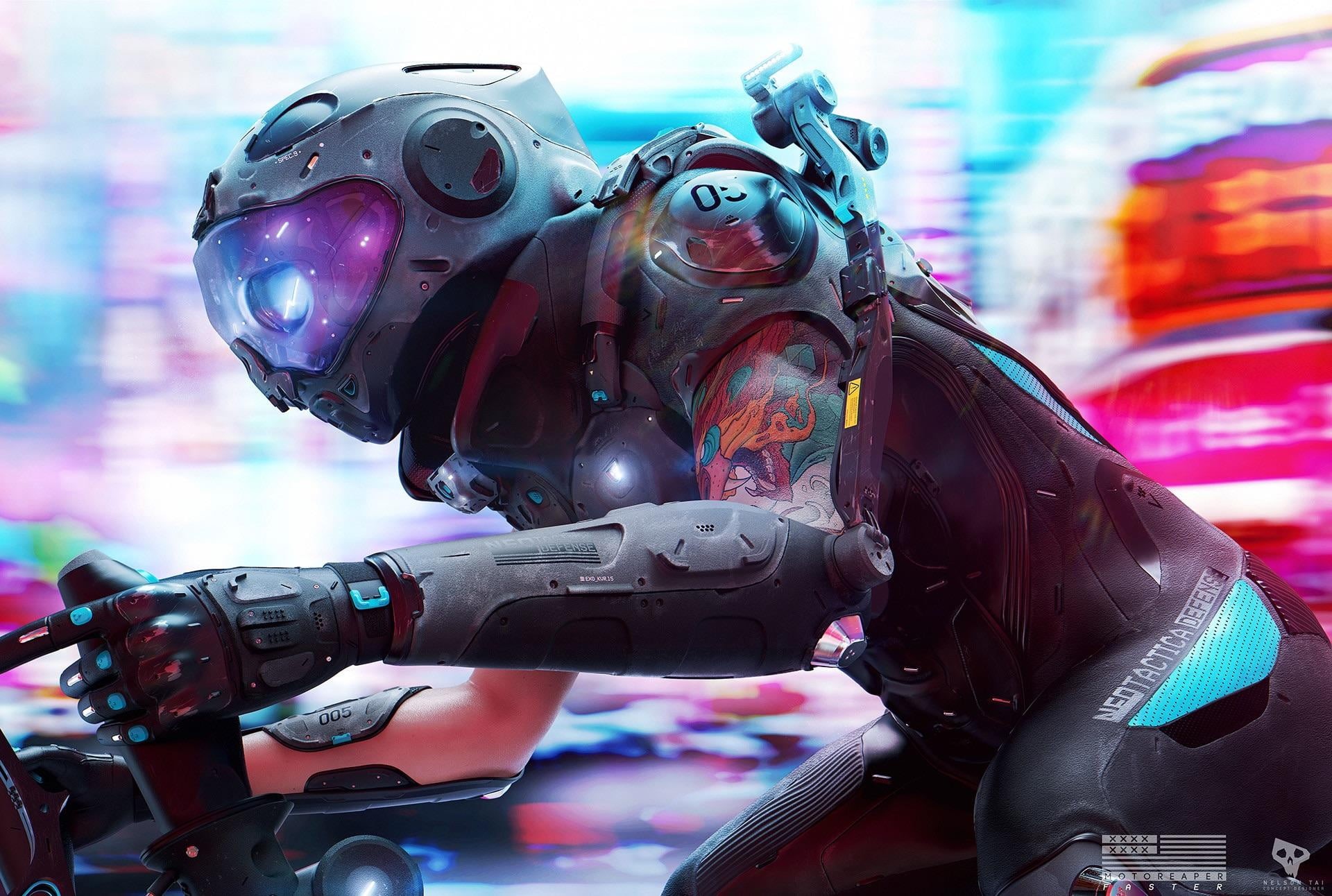 technology, Nelson Tai, arts culture and entertainment, human representation, domestic animals, horse, tattoo, robot, cyberpunk, amusement park ride, mammal, HD Wallpaper