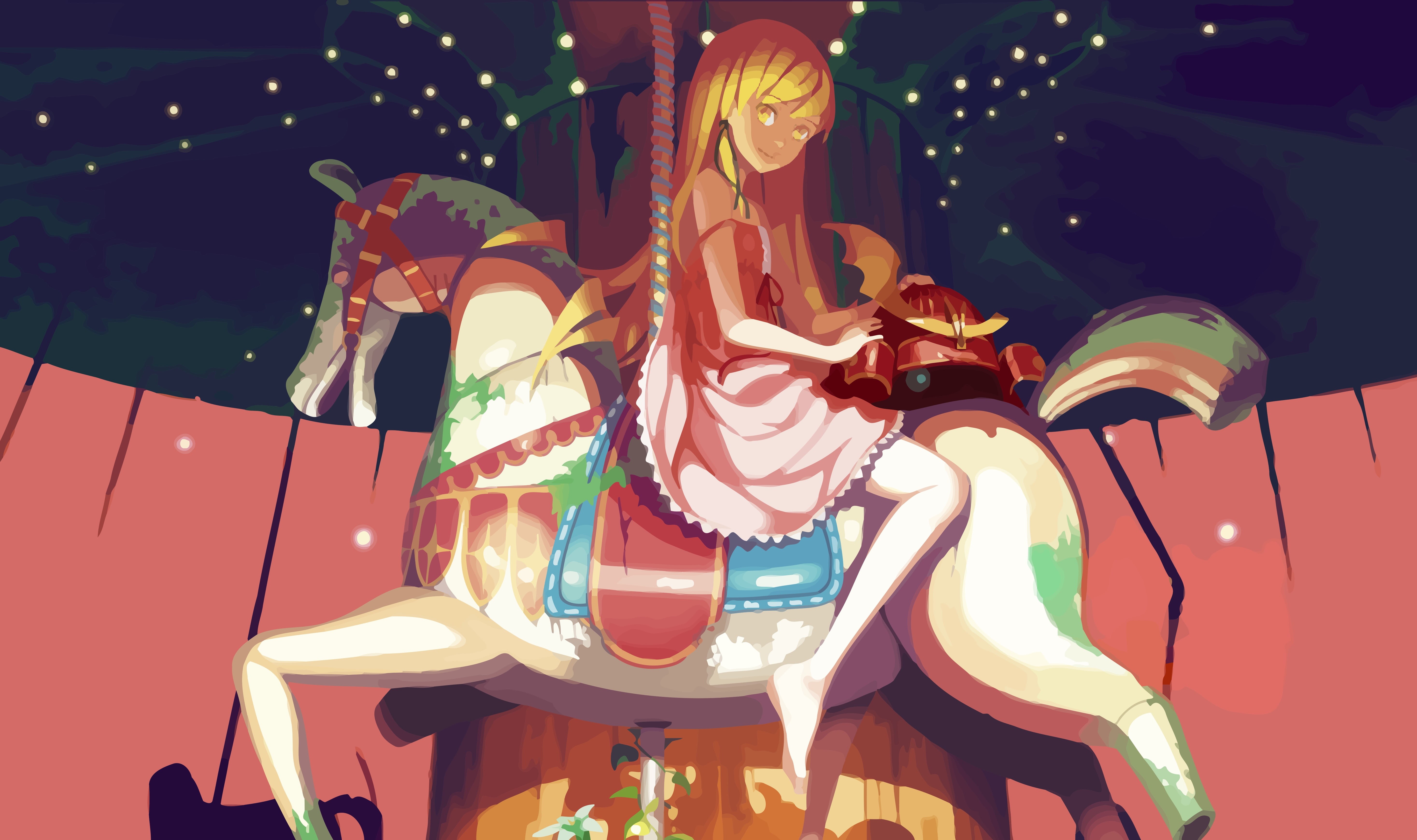 Bakemonogatari, art, The Shinobu Oshin, Vofan, 5K, carousel, starry sky, long hair, helmet, History Of Monsters, white horse, HD Wallpaper