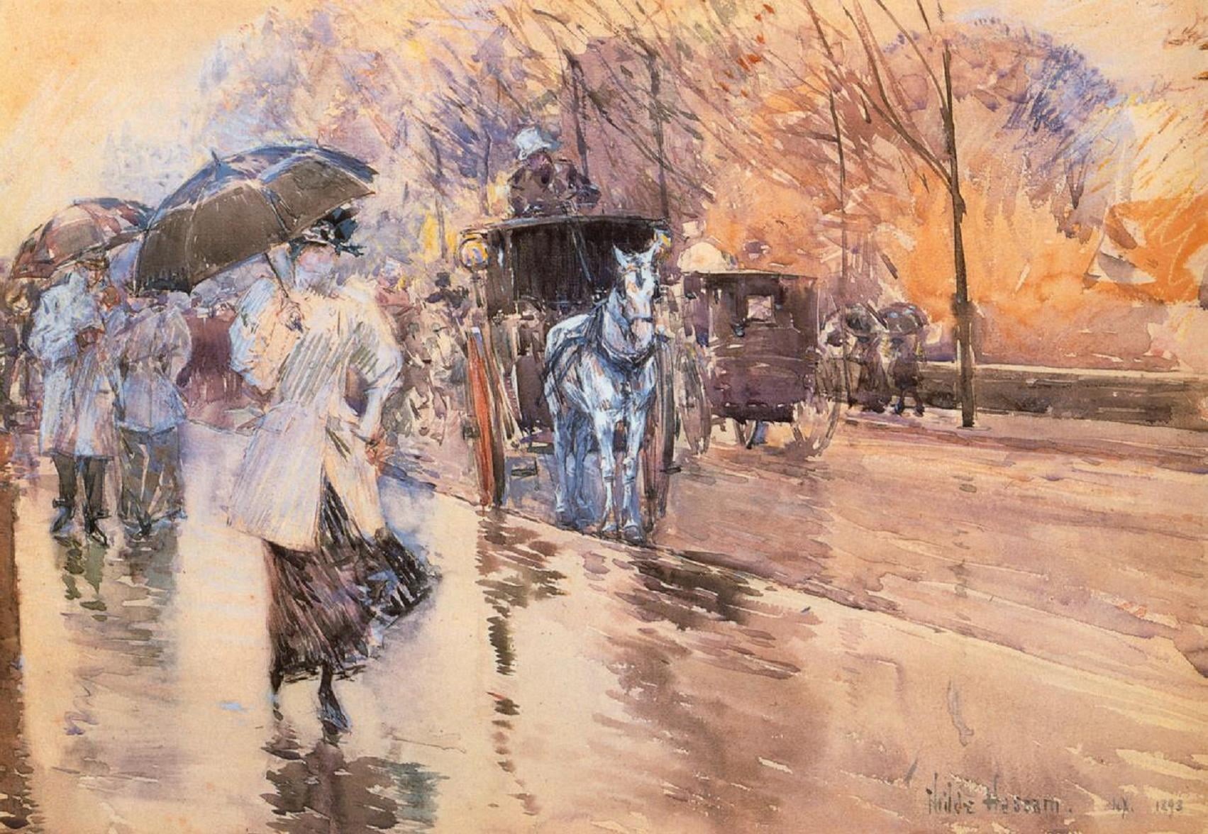oil Painting, vertebrate, cultures, road, Frederick Childe Hassam, fish, painting, wet, outdoors, picture, rain, group of animals, carousel, mammal, old, HD Wallpaper