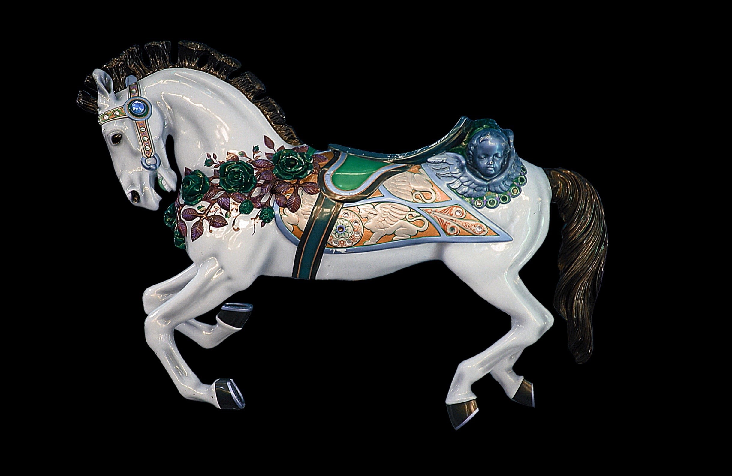 children, turn, ride, cut out, sculpture, still life, studio shot, oktoberfest, animal representation, white, fun, creativity, carousel, ceramic, black background, HD Wallpaper