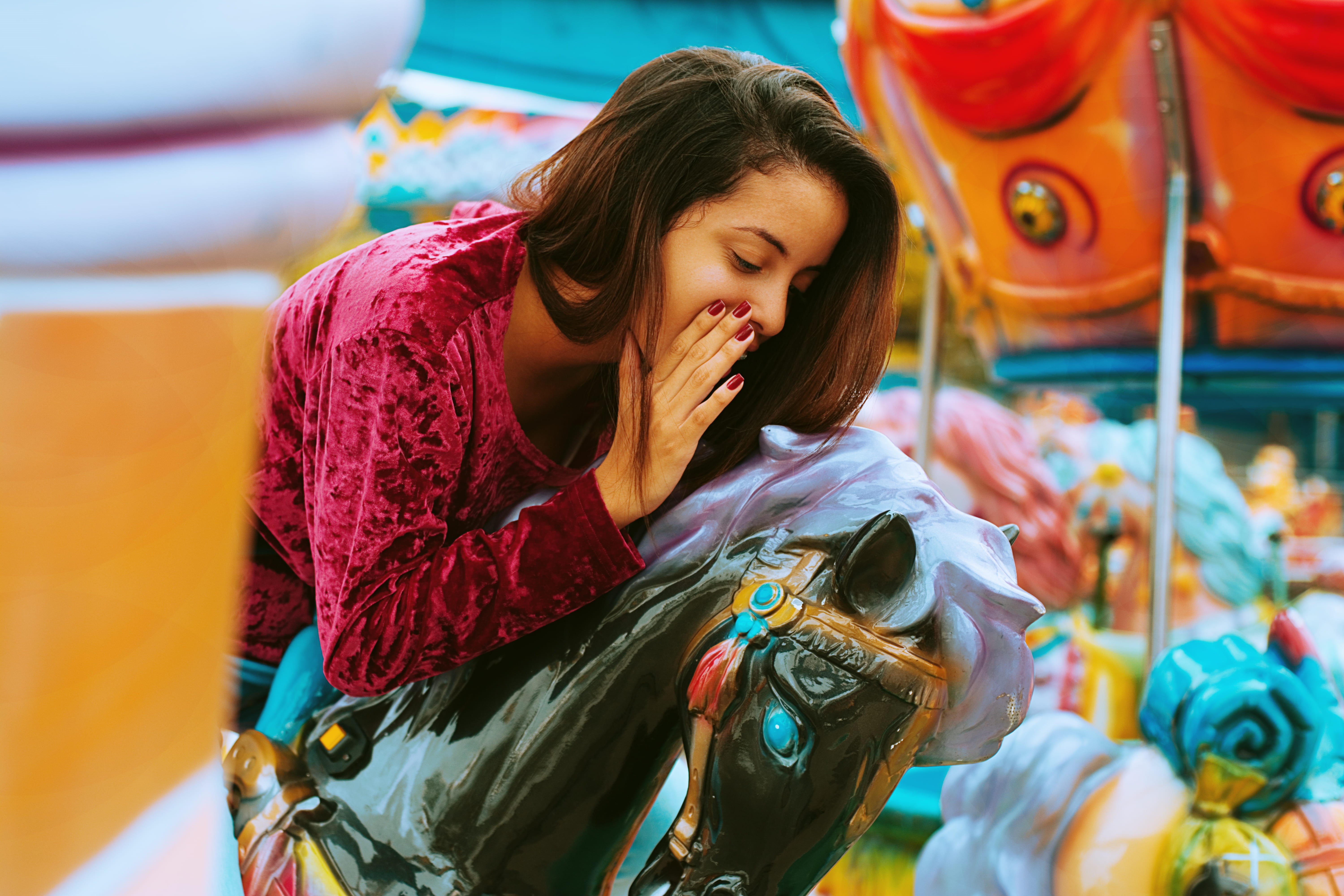 woman, black, leisure, fun, carousel, outdoors, riding, carnival, smiling, women, entertainment, ride, girl, amusement park, adult, park, happy, arts culture and entertainment, HD Wallpaper