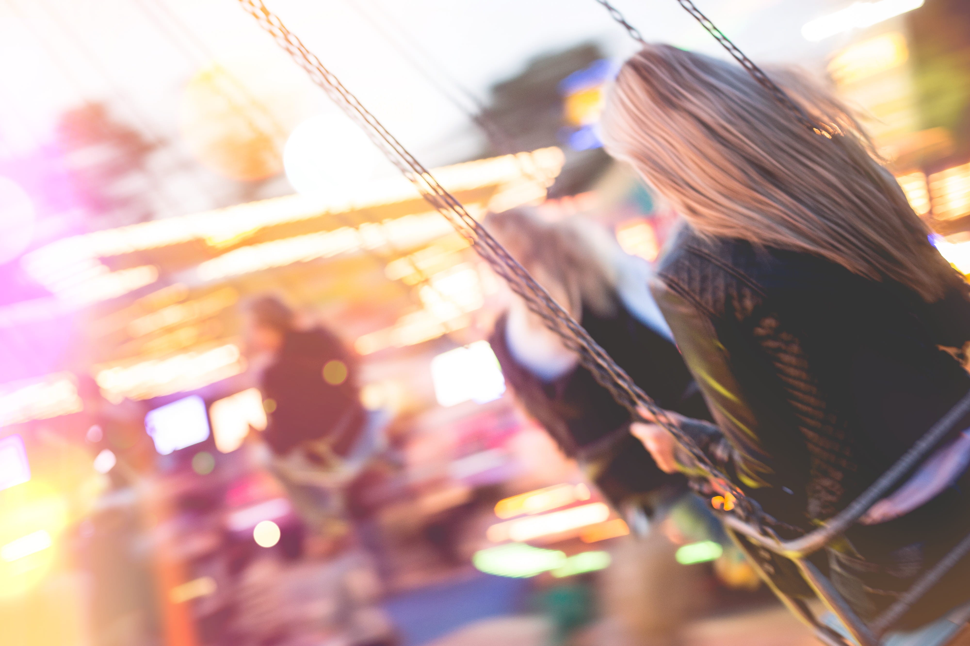 rear view, evening, Swing Carousel, skill, selective focus, colorful, swing, woman, fun, young Women, urban Scene, funny, illuminated, playing, feast, traditional, HD Wallpaper