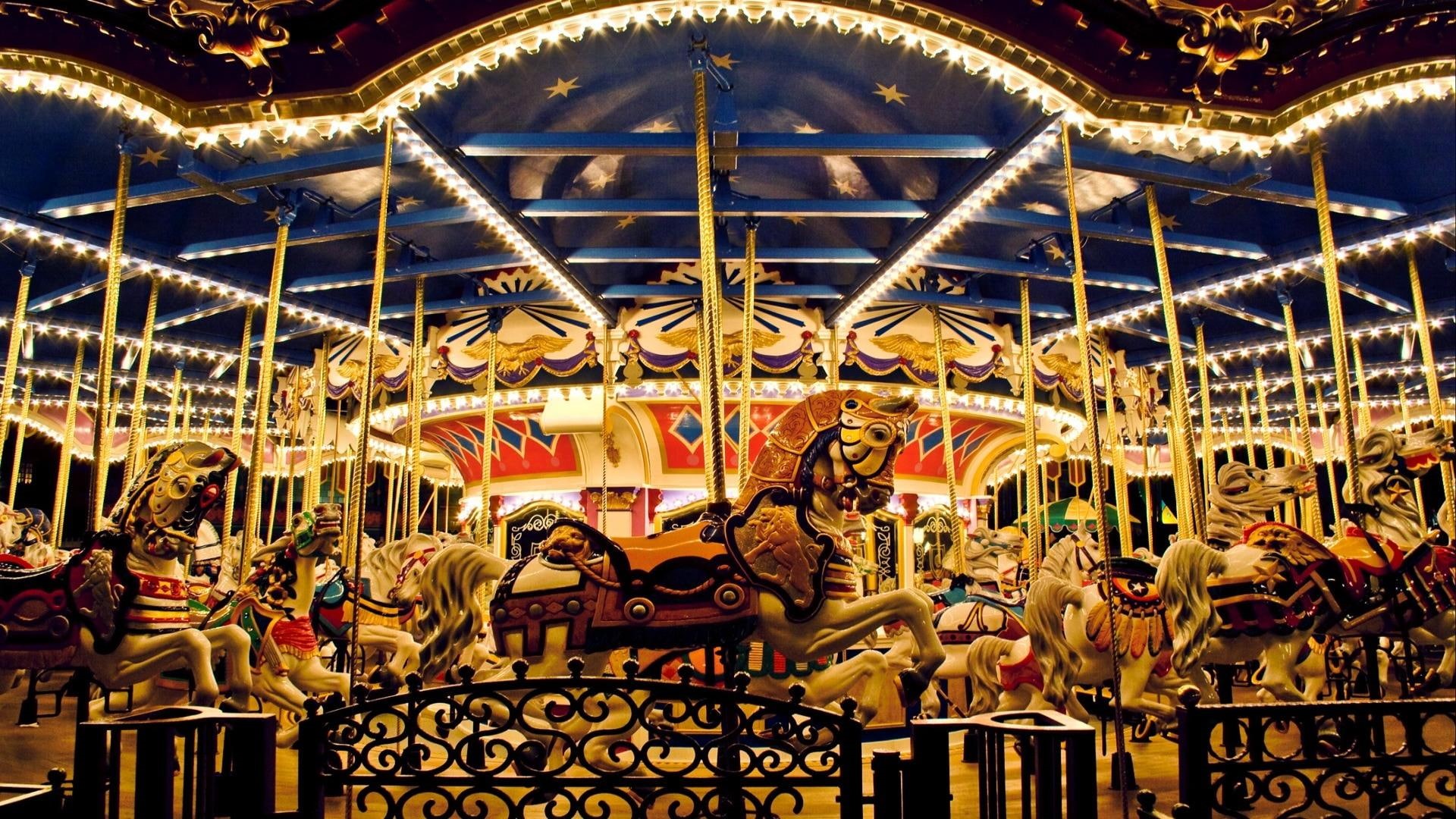1080P, wonderful, nature and landscapes, horses, lights, carousel, fence, paint, HD Wallpaper
