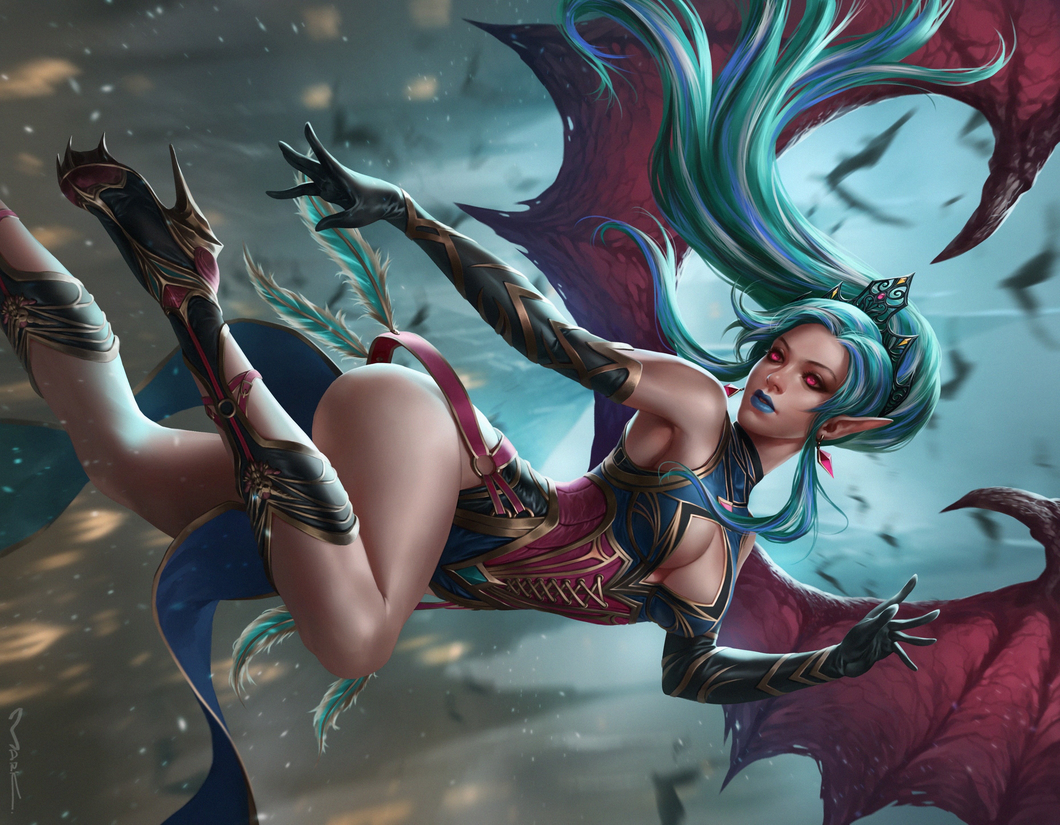 pose, art, flight, 2K, look, succubus, fantasy, red eyes, wings, HD Wallpaper