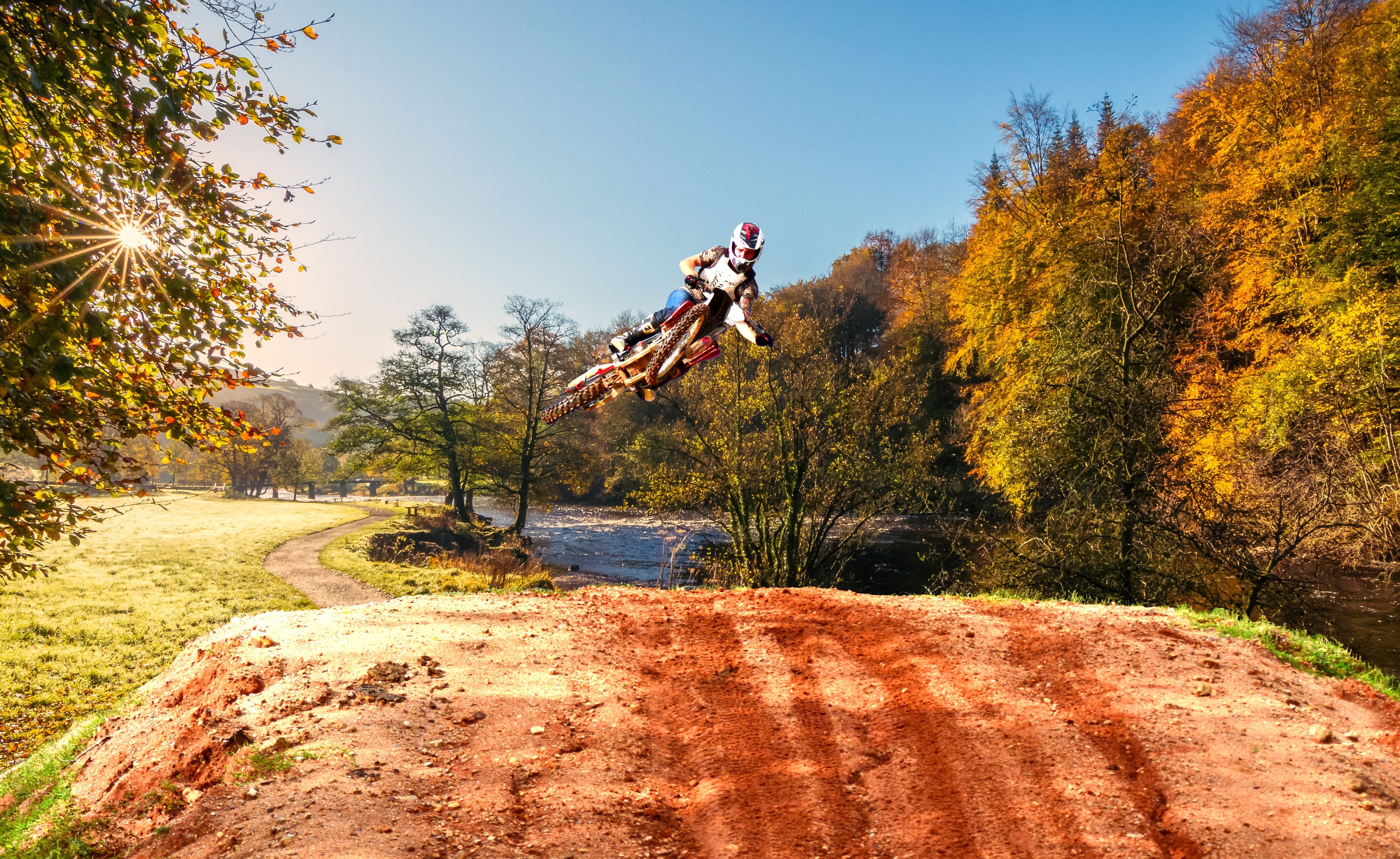 edit, jumping, land, fast, sport, track, autumn sunshine, beautiful, bolton abbey, whip, full length, light, morning sunlight, man, leisure activity, motion, HD Wallpaper