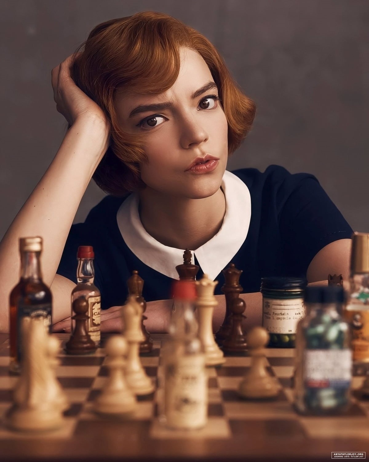 actress, redhead, Anya Taylor-Joy, TV Series, women, simple background, short hair, 720P, The Queens Gambit, chess, Phone HD Wallpaper
