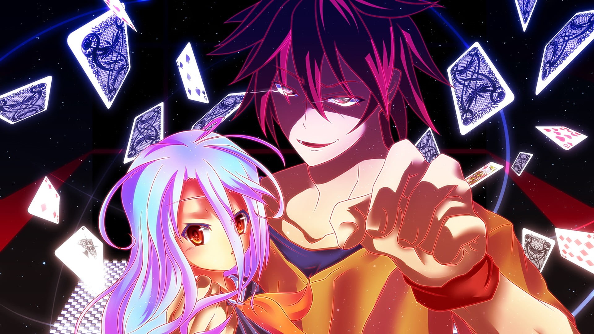 cards, Sora (No Game No Life), multi colored, 1080P, night, arts culture and entertainment, illuminated, top, brown, electric light, retail, wearing, representation, HD Wallpaper