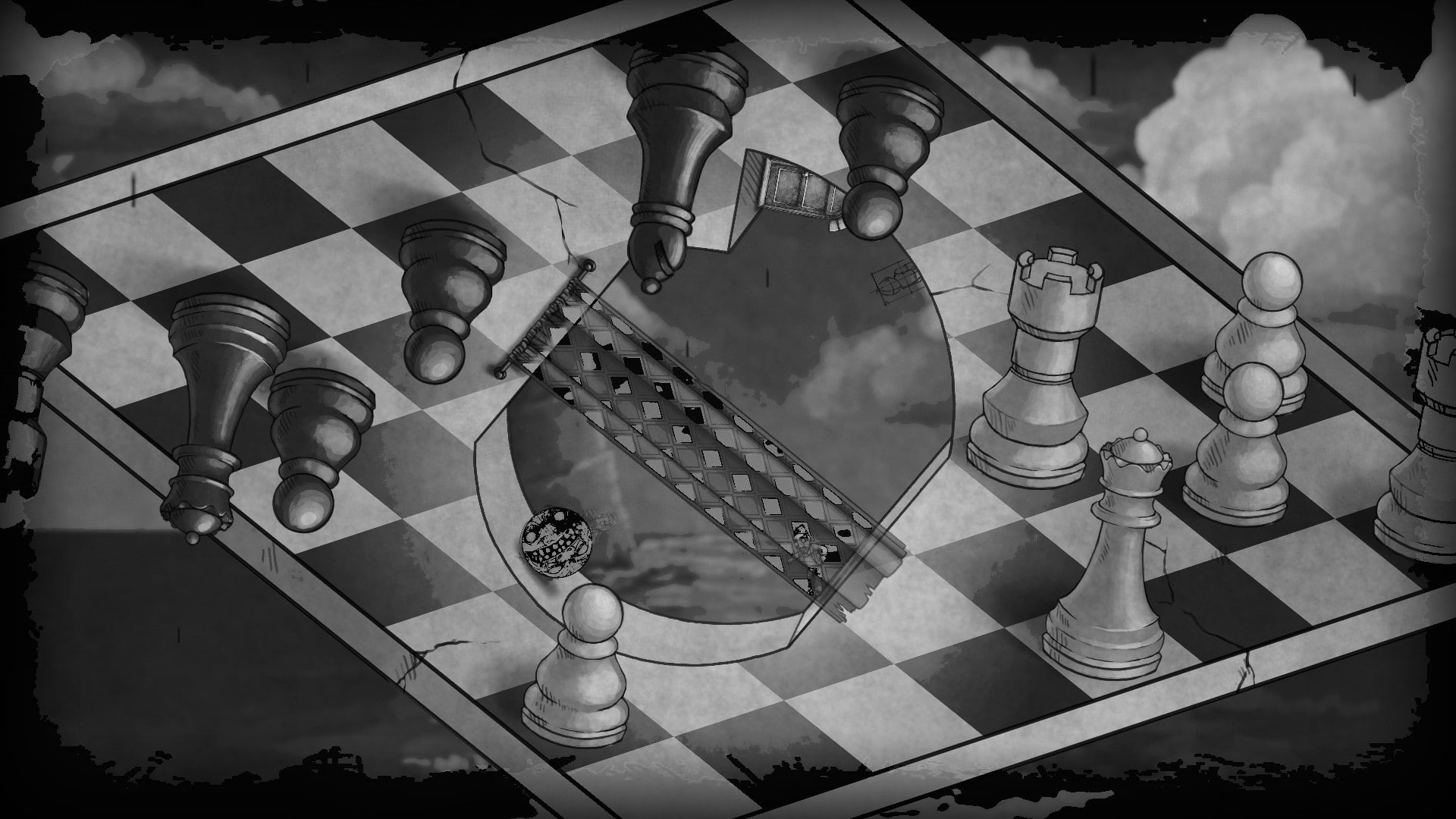drawing, clouds, Curtains, monochrome, Board Games, 1080P, Optical Illusion, artwork, Pawns, Chess, HD Wallpaper