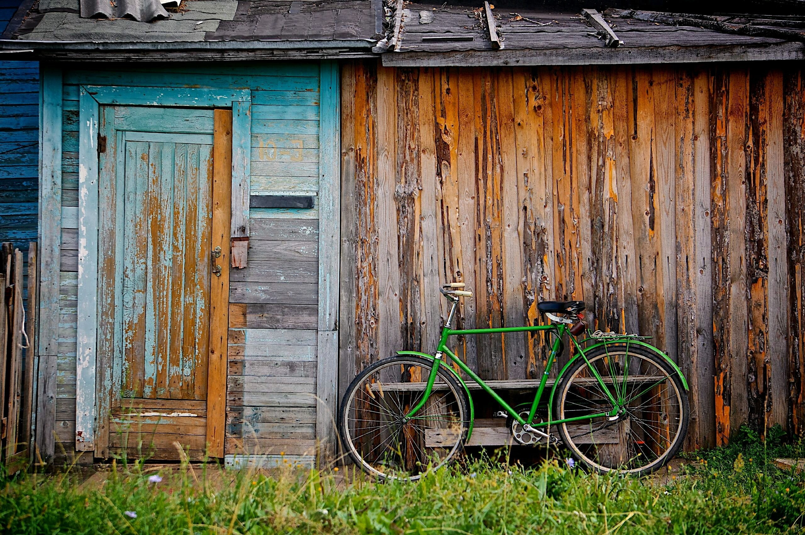 weathered, day, grass, wood - material, green color, corrugated, abandoned, built structure, 2K, building exterior, house, mode of transportation, no people, HD Wallpaper