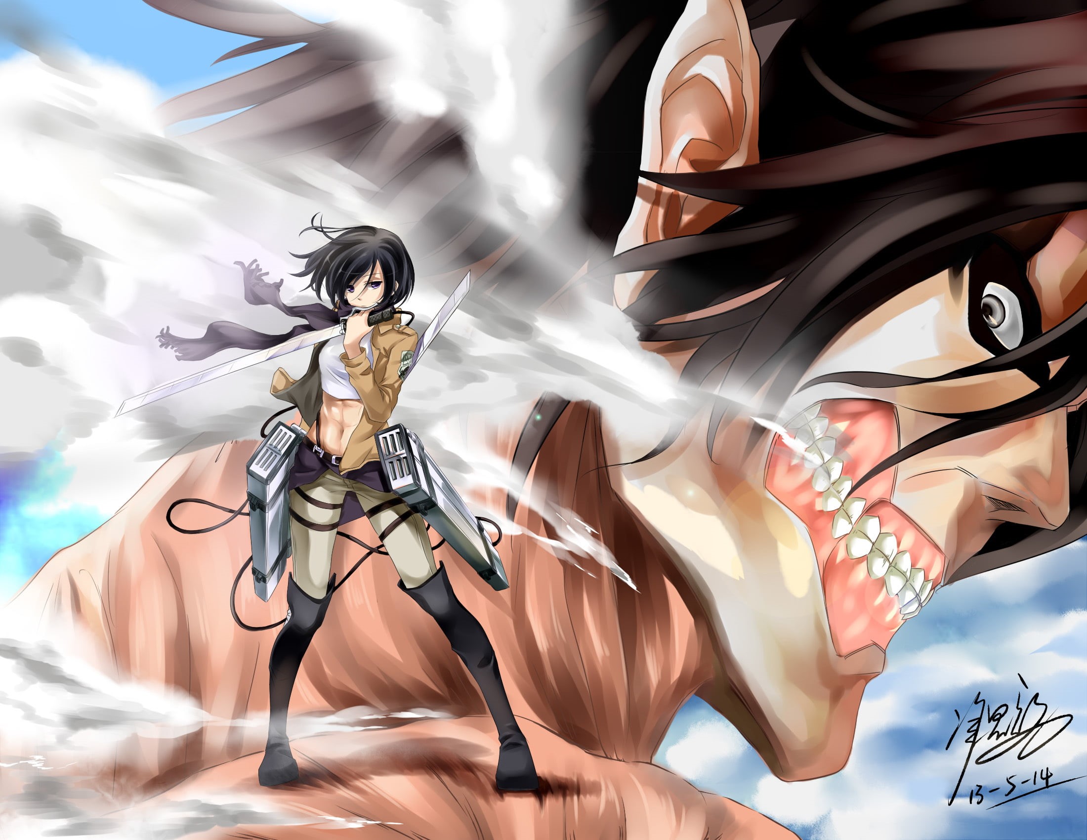 illustration, women, kousen yasuo, male likeness, fantasy, people, sunlight, mikasa ackerman, girl, motion, metal, backgrounds, close-up, sculpture, technology, HD Wallpaper