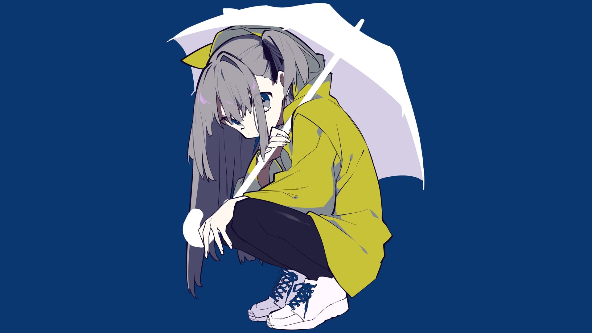 umbrella, simple background, manga, grey hair, blue, anime girls, 1080P, anime, HD Wallpaper