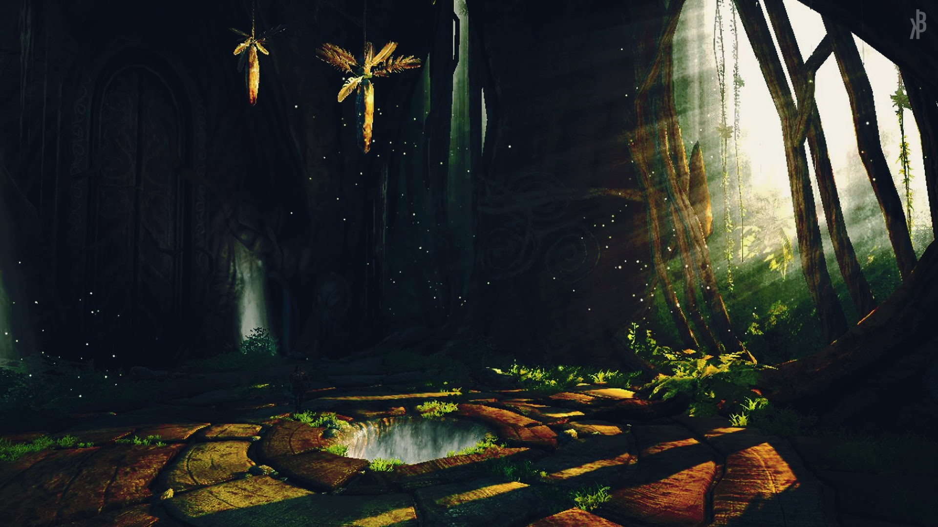 tranquility, no people, 1080P, land, outdoors, sunlight, trunk, water, video games, beauty in nature, green color, plant part, Castlevania: Lords of Shadow, HD Wallpaper