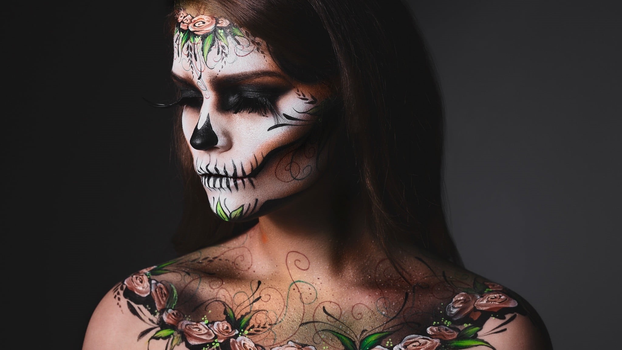 simple background, front view, face paint, makeup, fashion, women, make-up, young women, body paint, headshot, hairstyle, 1080P, young adult, lifestyles, HD Wallpaper