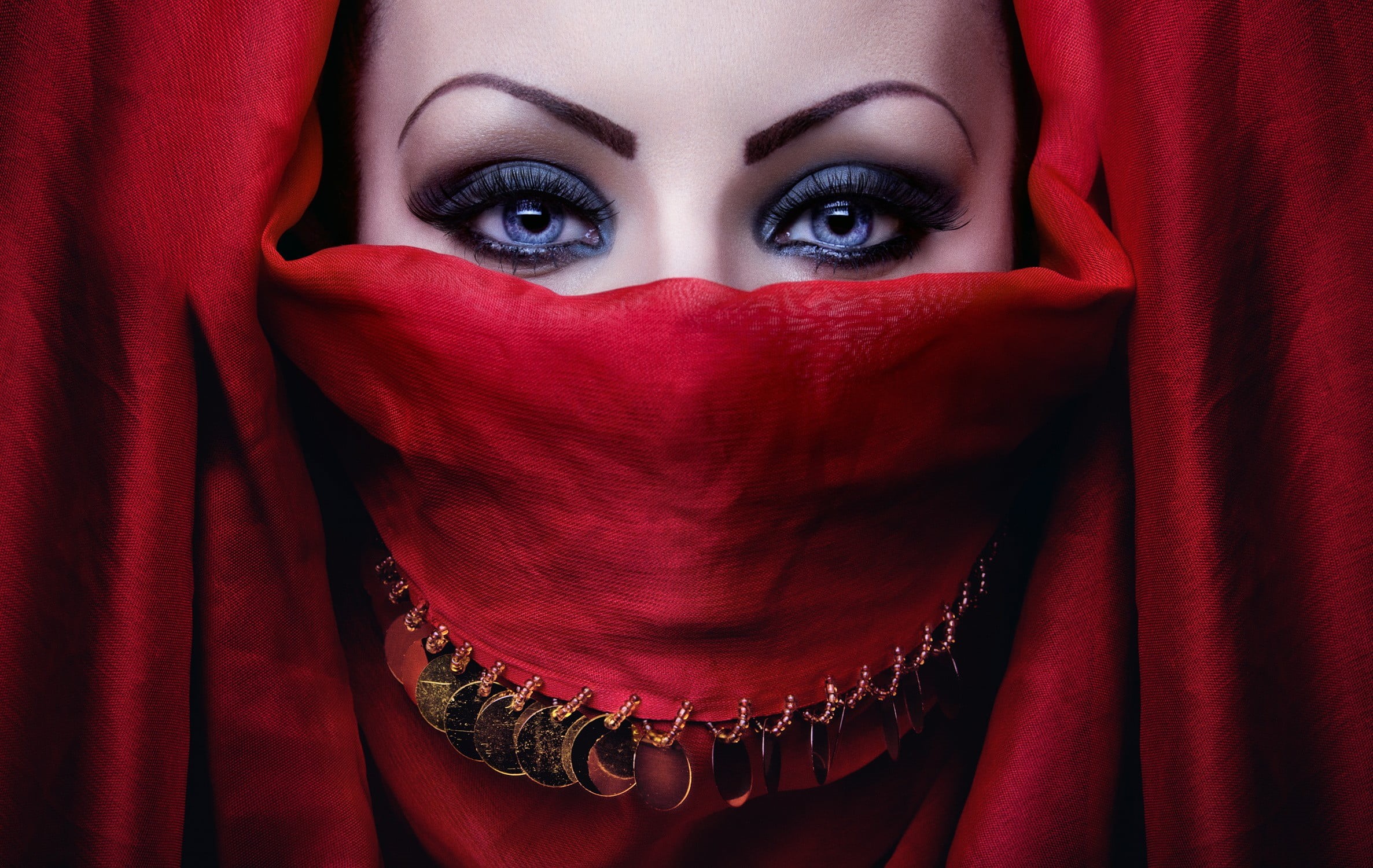 women, obscured face, human face, scarf, adult, young women, curtain, beautiful woman, human lips, make-up, human body part, young adult, makeup, red, looking at camera, HD Wallpaper