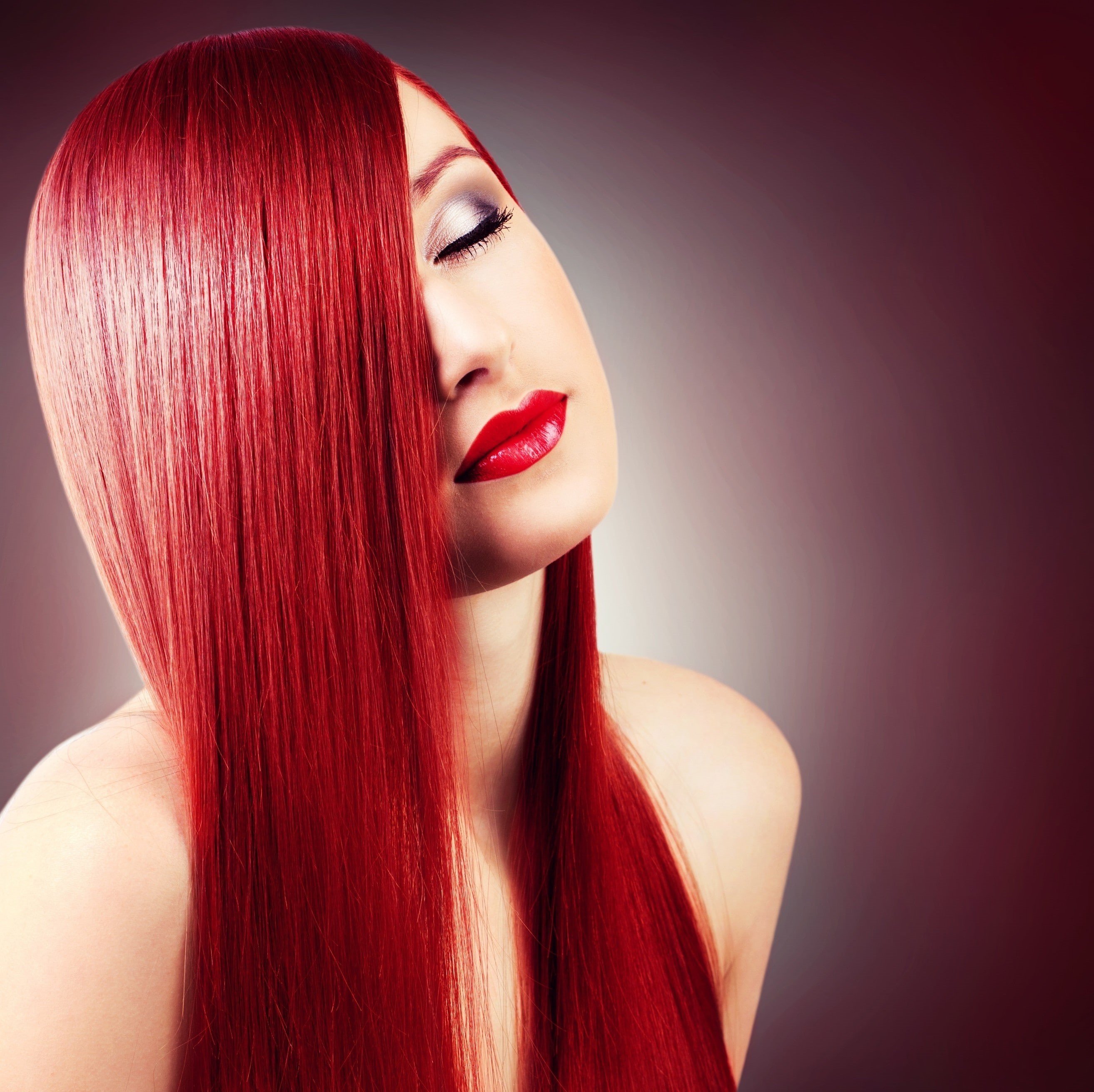portrait, red lipstick, 2K, redhead, face, model, straight hair, women, closed eyes, HD Wallpaper
