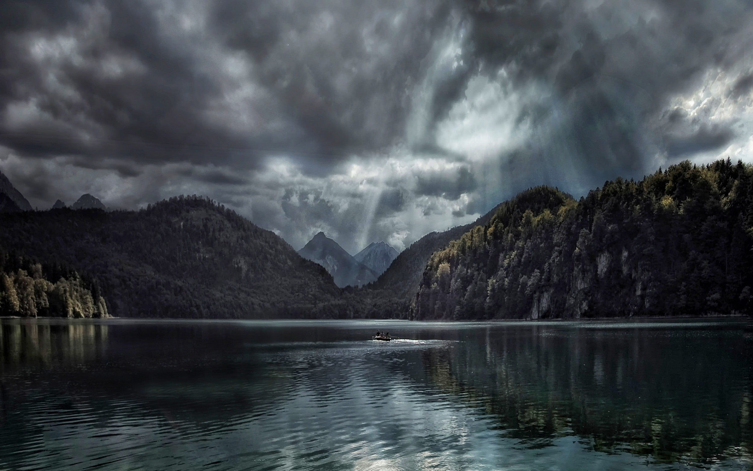 dark, rays, nature, sun, sun rays, germany, landscape, mountain, fall, lake, clouds, forest, 1080P, HD Wallpaper