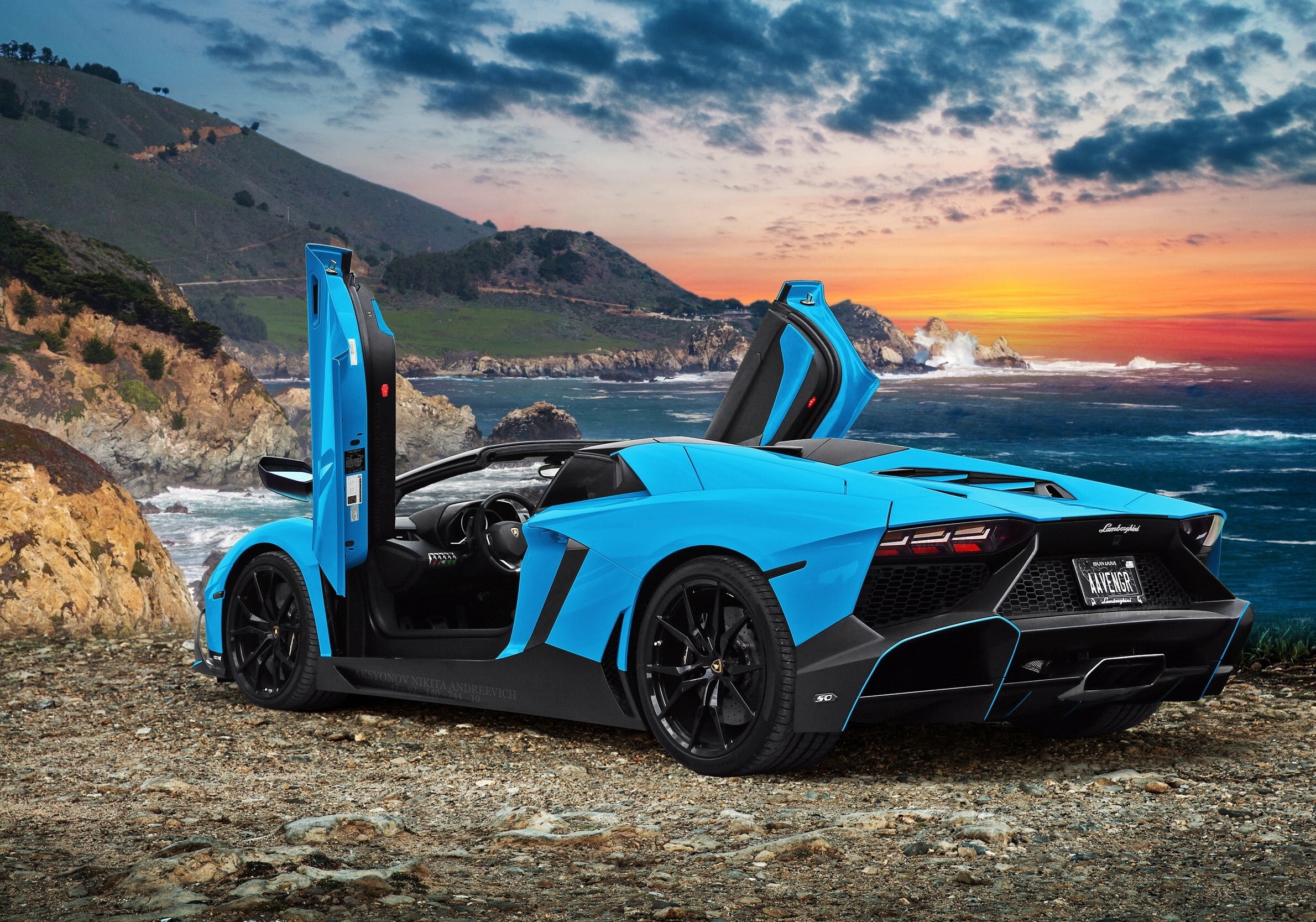 sea, Lamborghini Aventador LP720-4 50 Anniver, supercar, ocean, Aventador, lp, coast, 1080P, Lamborghini, Lamborghini Aventador, photoshop, HD Wallpaper