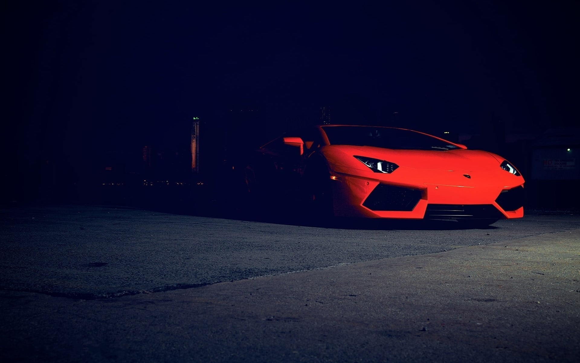sky, red, architecture, Lamborghini, 1080P, night, outdoors, building exterior, orange color, stationary, transportation, city, road, Lamborghini Aventador, HD Wallpaper