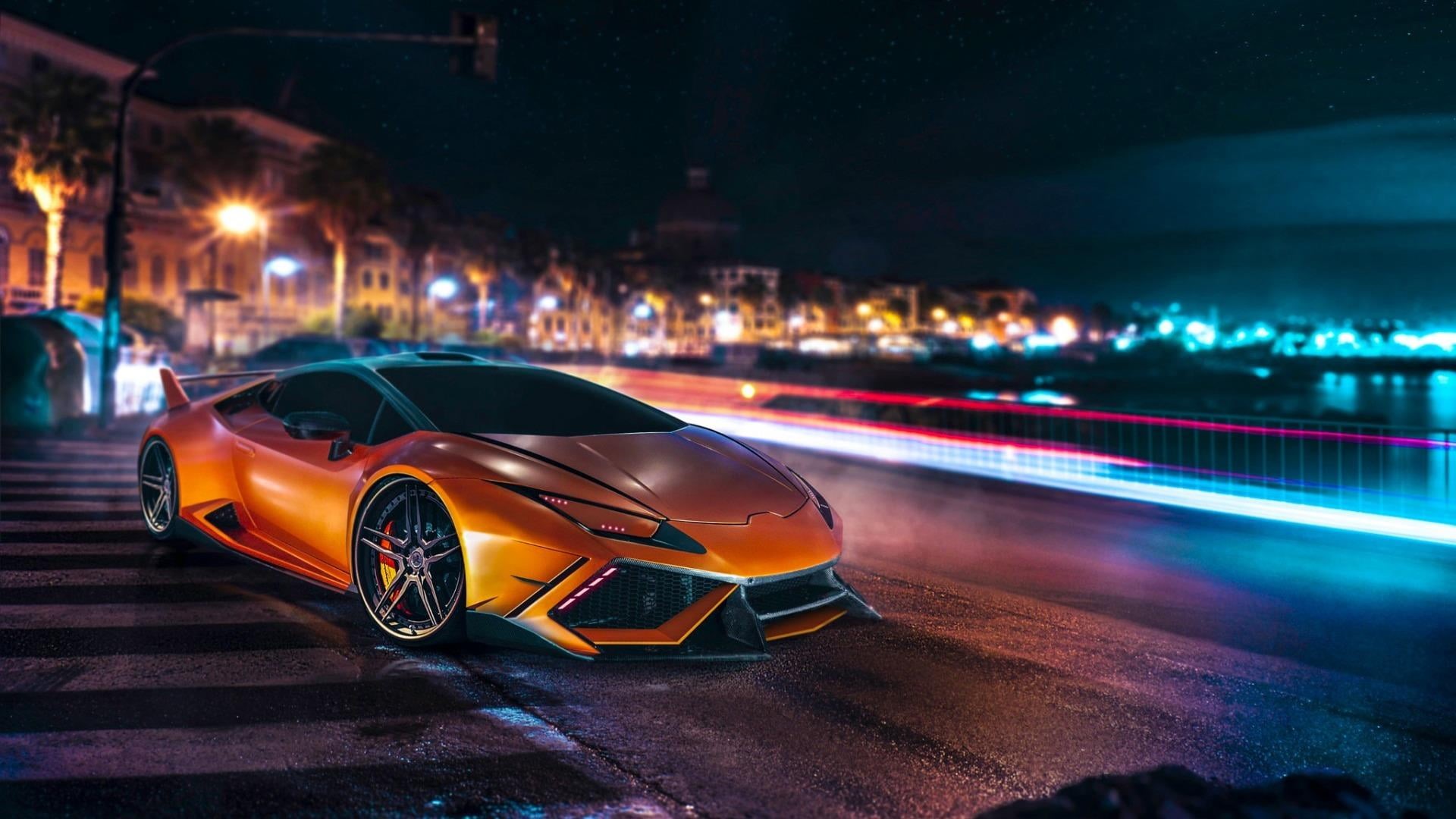 light trail, road, on the move, supercar, lamborghini, speed, city street, city, night, illuminated, city car, land vehicle, nightlife, city life, automotive design, HD Wallpaper