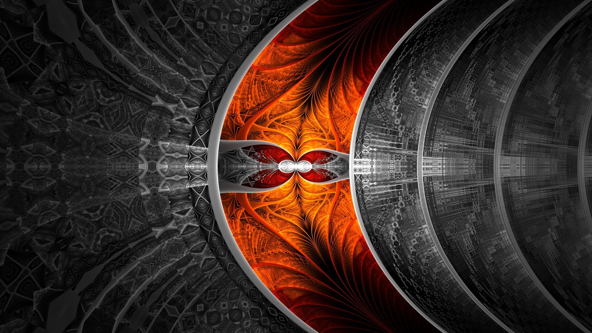 abstract, no people, pattern, spirituality, full frame, fractal, gray, indoors, floral, art and craft, black background, orange, close-up, religion, metal, HD Wallpaper