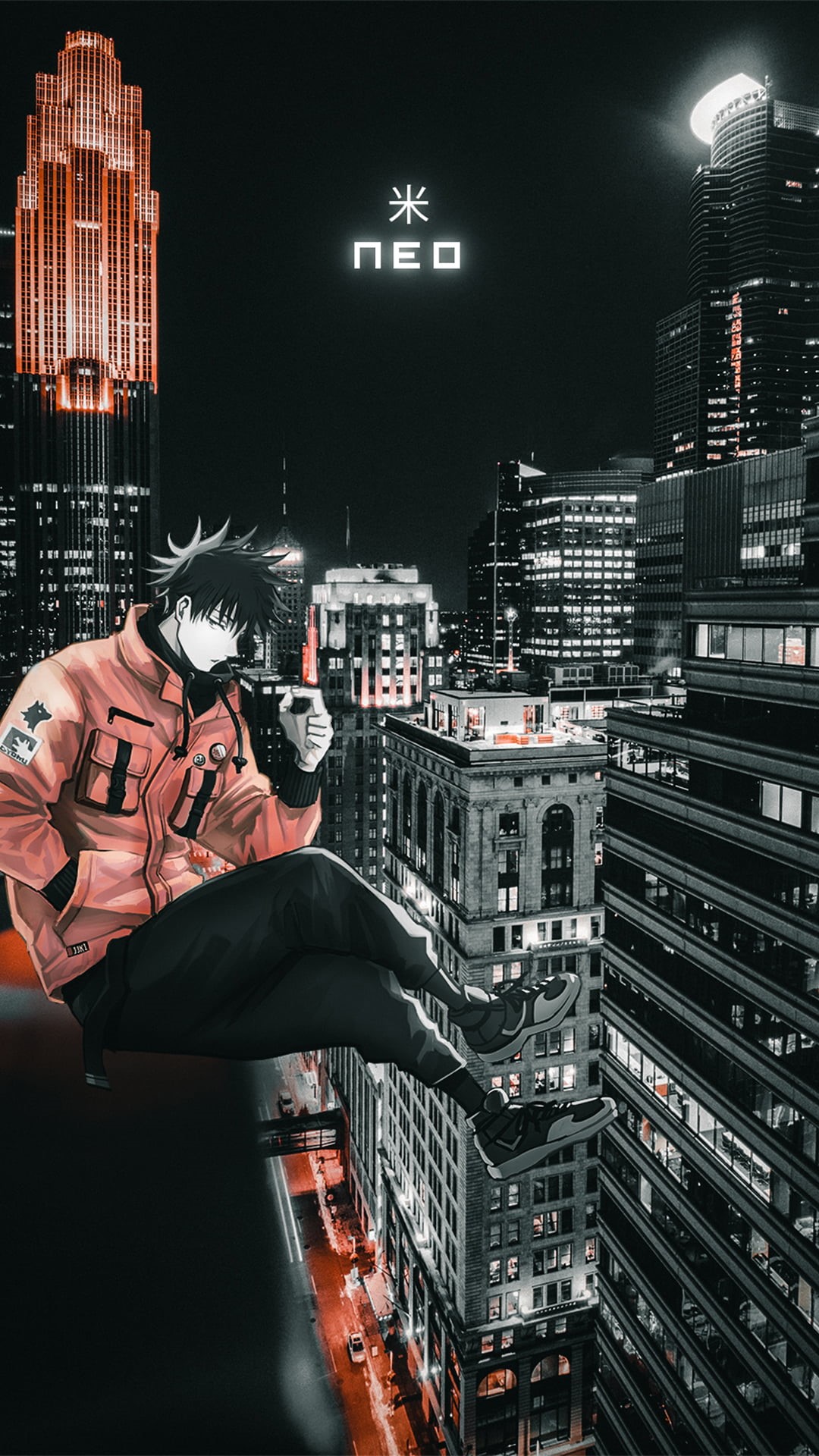Jujutsukaisen, city lights, night, 1080P, Megumi Fushiguro, anime city, Phone HD Wallpaper