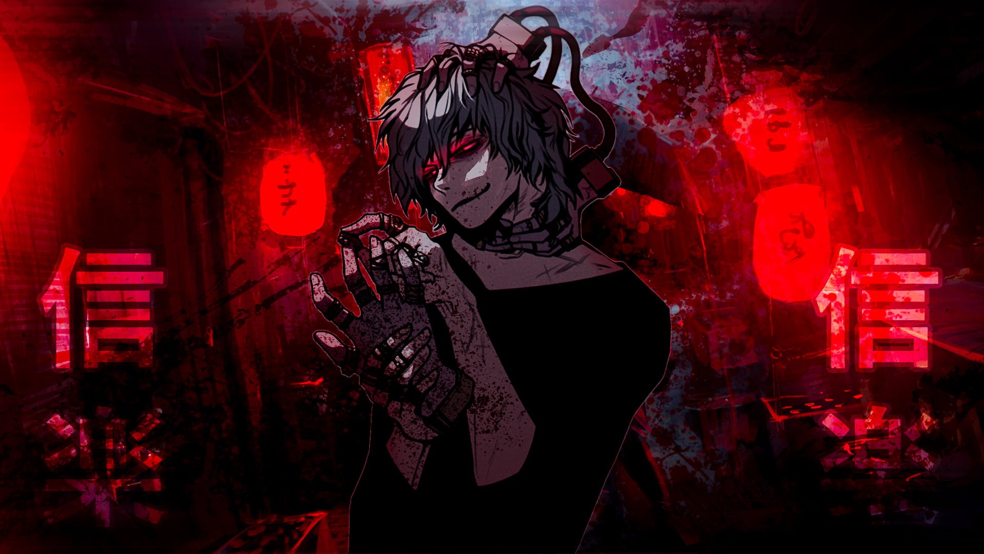 red eyes, Boku no Hero Academia, kanji, 1080P, blood, hands in hair, hands, anime, anime boys, Shigaraki Tomura, graphic design, blue hair, liga de villanos, HD Wallpaper