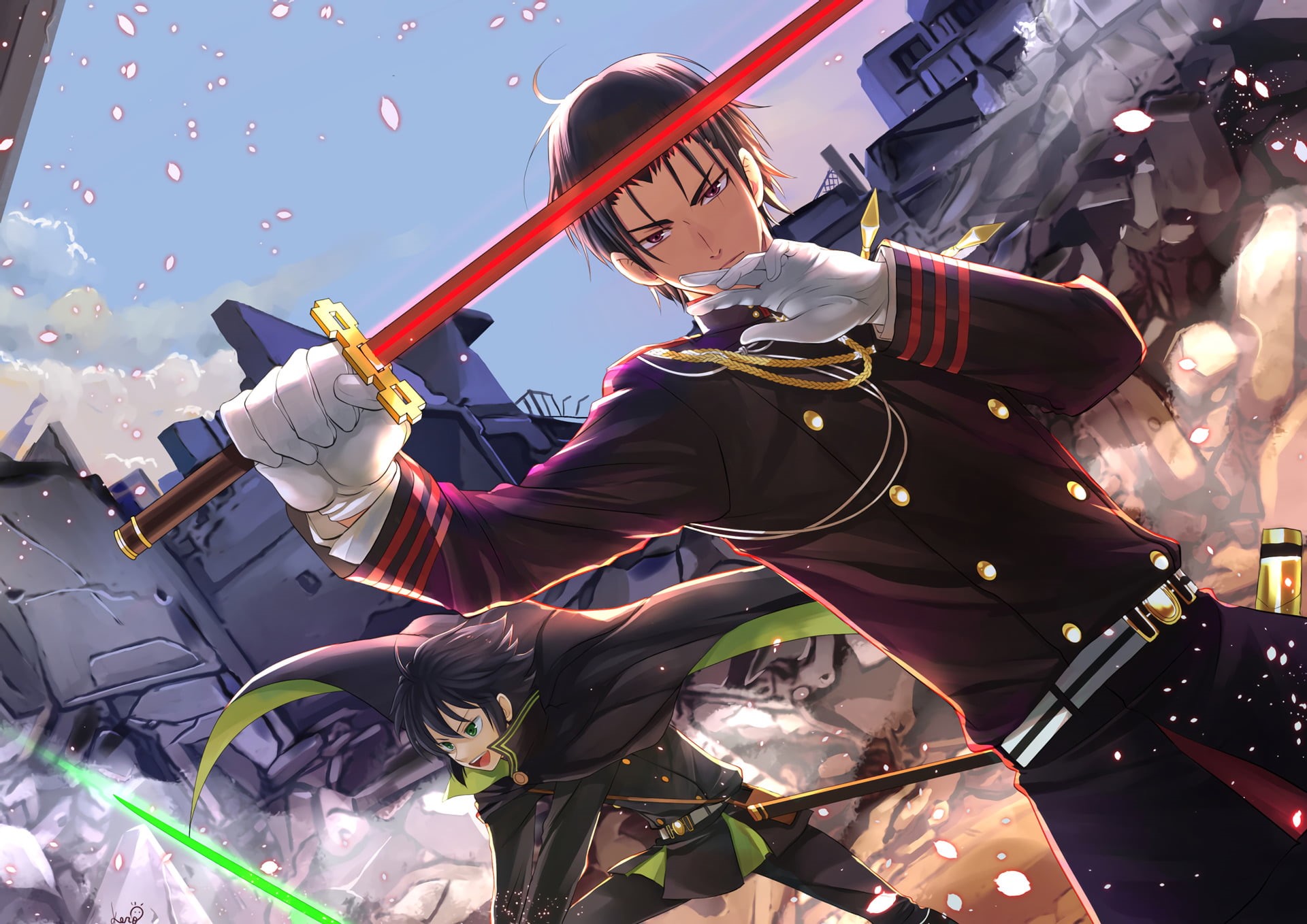 Katana, arts culture and entertainment, nature, artist, music, waist up, three quarter length, one person, 1080P, Uniform, Man, Glow, Red Eyes, Yūichirō Hyakuya, HD Wallpaper