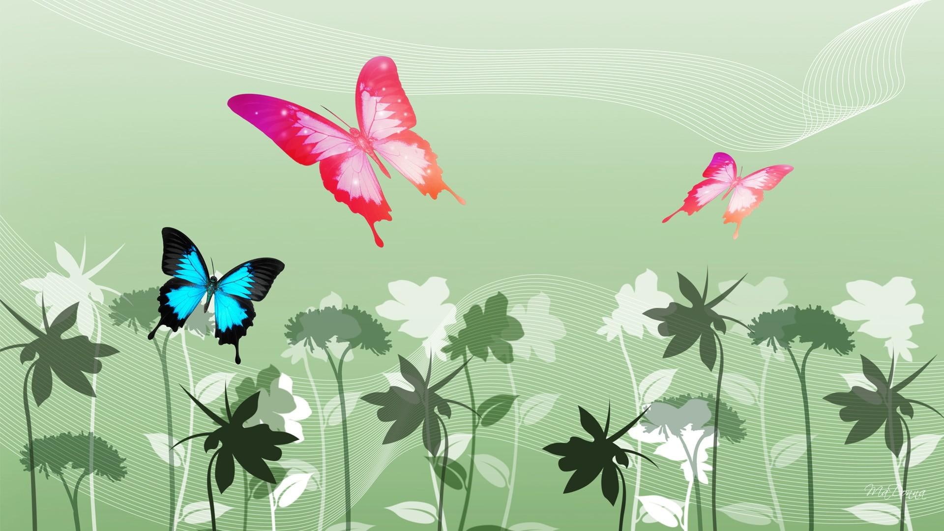 abstract, illustration, floral, 1080P, butterflies, butterfly, three, 3d and abstract, swallowtail, colorful, flowers, summer, spring, green, HD Wallpaper
