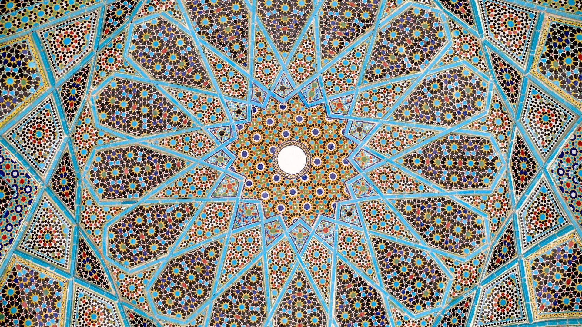 architecture, low angle view, creativity, design, 1080P, symmetry, no people, indoors, pattern, multi colored, art and craft, full frame, iran, place of worship, HD Wallpaper