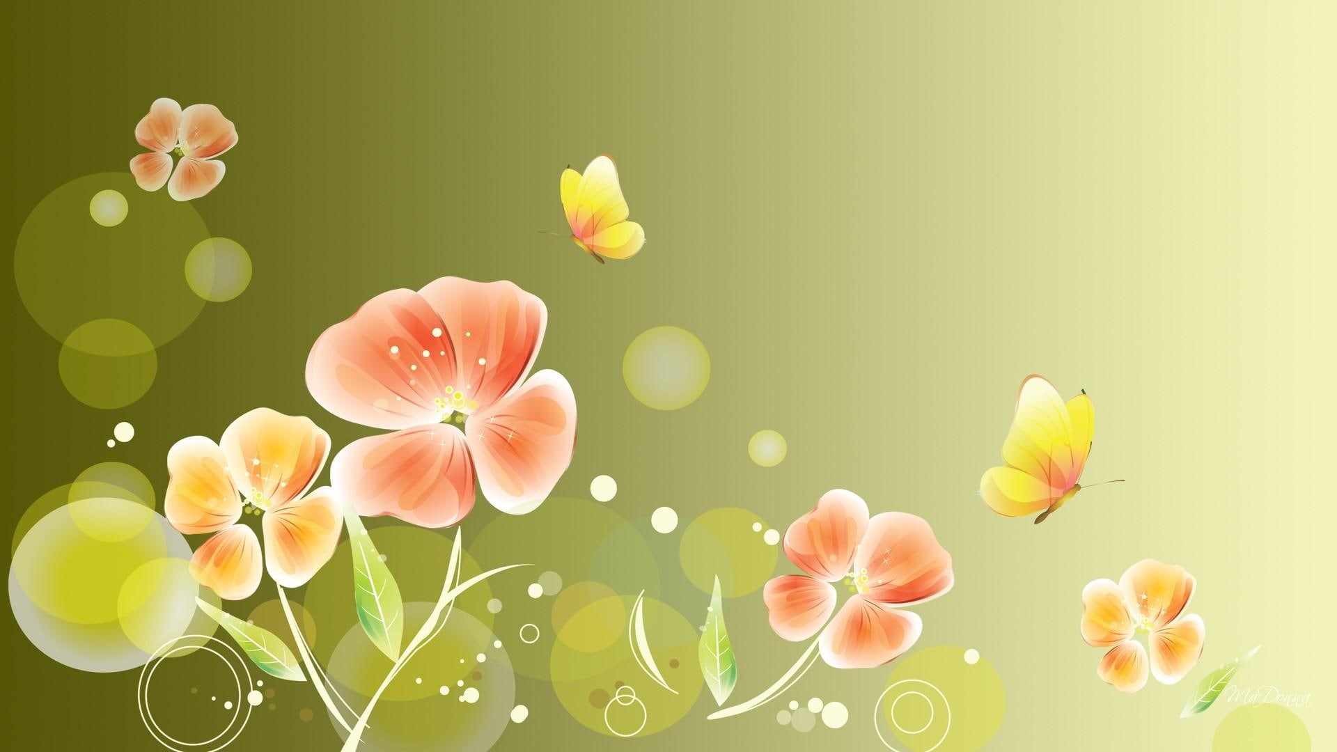 petaled, 1080P, water, flowers, orange, paint, green, watercolor, butterflies, yellow, spring, nature and landscapes, summer, bokeh, color, HD Wallpaper