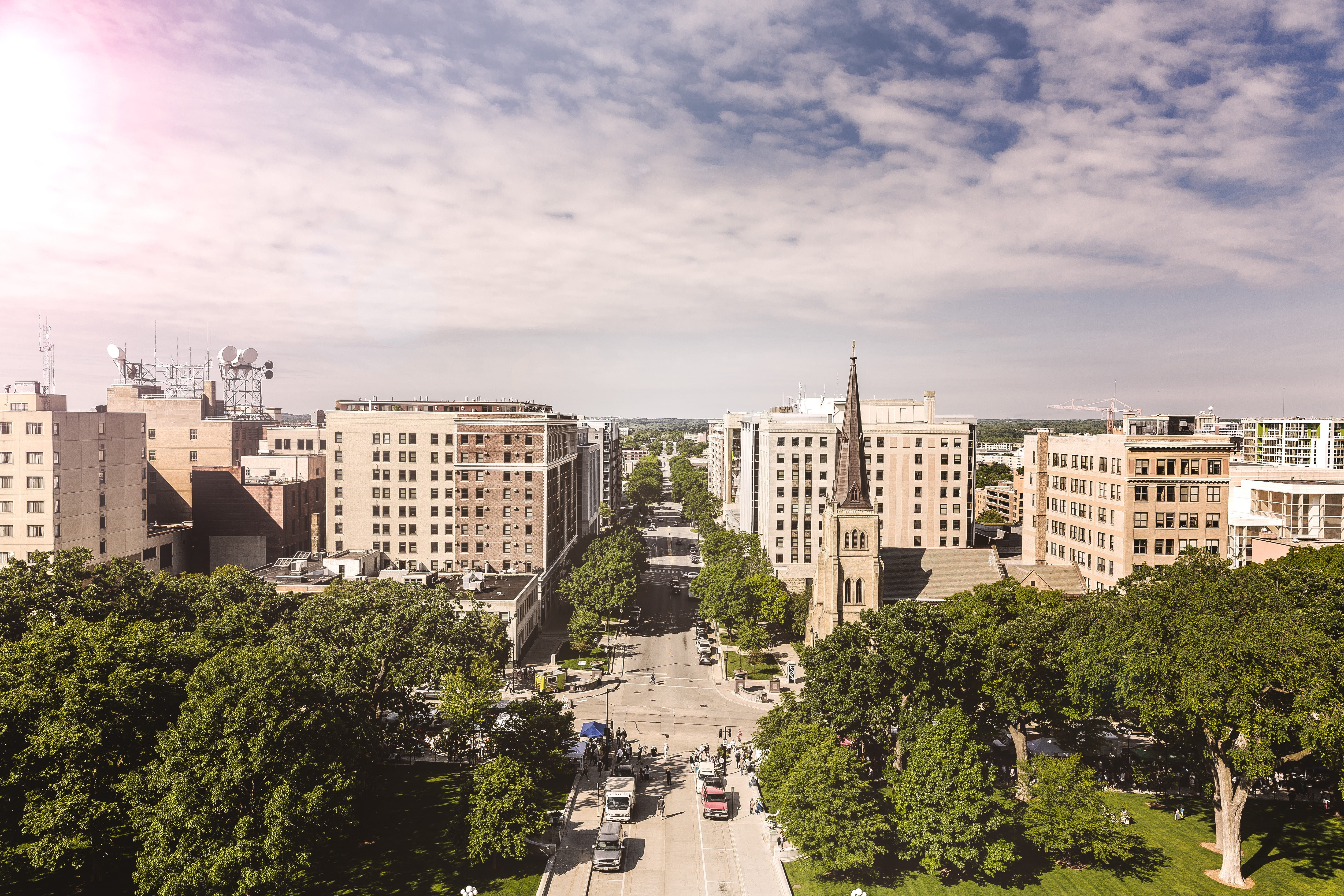 architecture, tree, high angle view, skyscraper, city, building, aerial, residential district, blue, background, incidental people, view, downtown District, HD Wallpaper