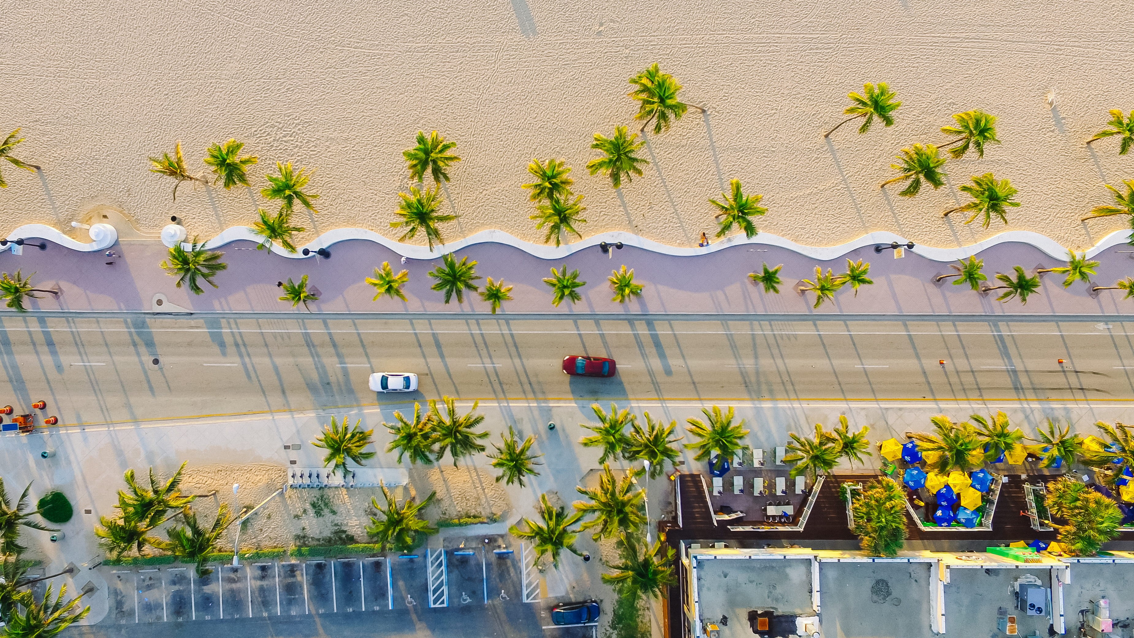 building exterior, road, 2K, bird view, nature, high, water, palm tree, view, near, red, potted plant, growth, real people, photography, two, white, built structure, HD Wallpaper