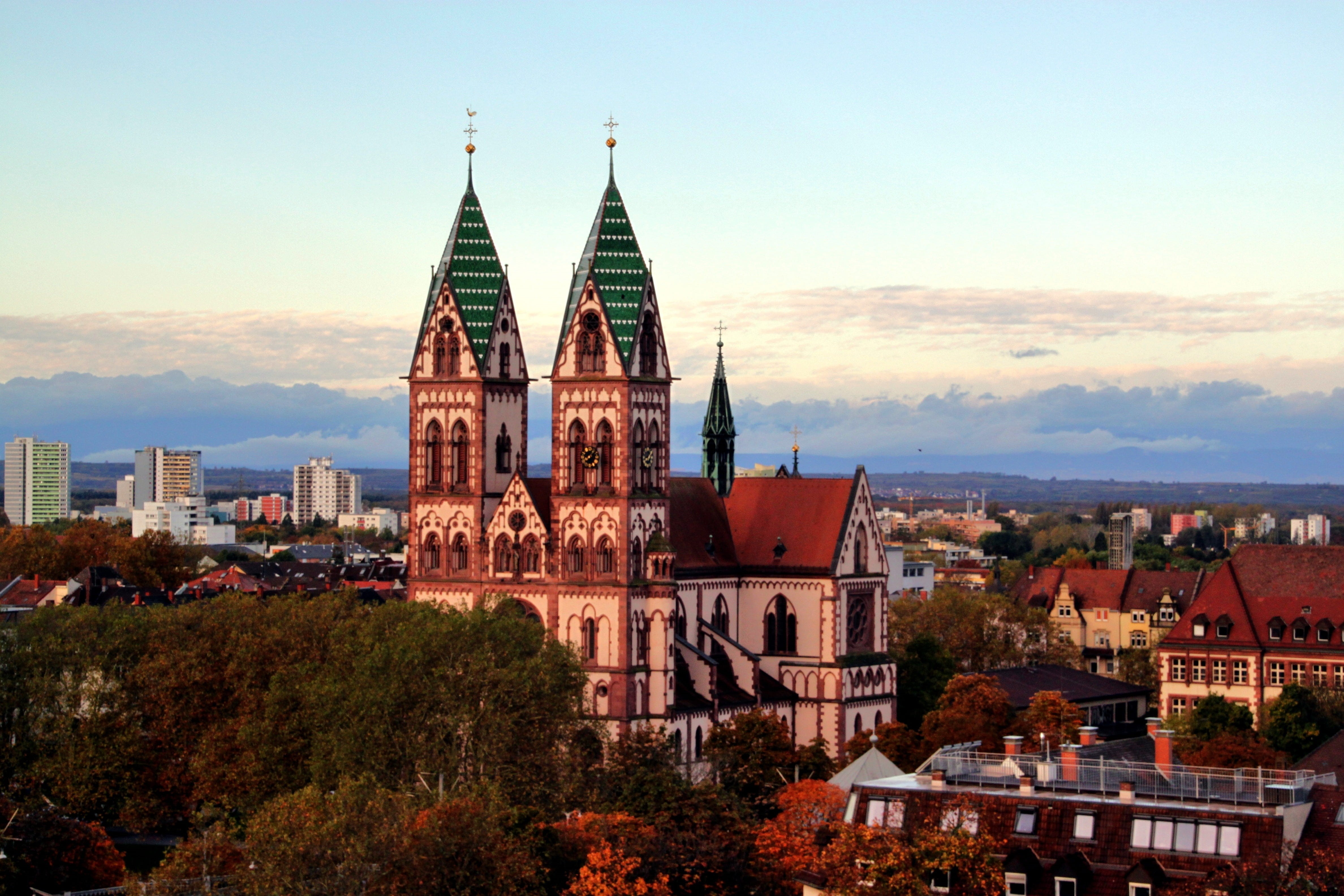 landscape, place of worship, germany, village, tower, brown, Church, homes, sky, green, Freiburg Im Breisgau, trees, building, outdoors, nature, spirituality, HD Wallpaper